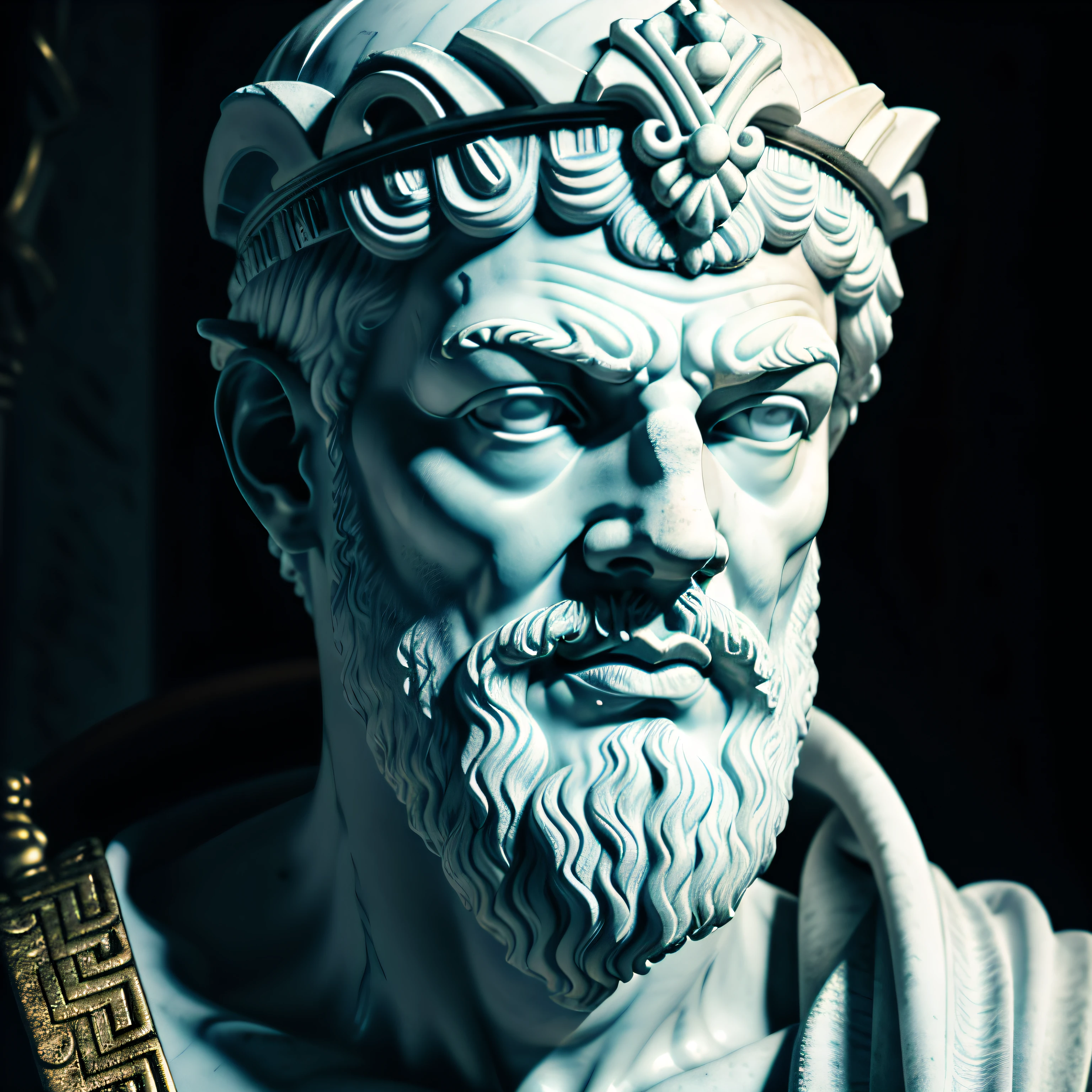 A realistic Greek white marble statue of Socrates wearing a ghostly toga, fundo neutro, temperamental, , fotorrealista, cinematic scene, super detalhada, Hiper realista, luzes brilhantes, NEON AO FUNDO 8 K