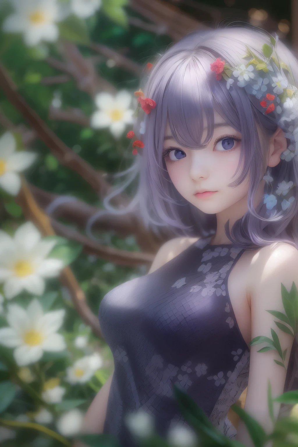 masterpiece, highest quality, Super detailed, figure, , , 1 girl,alone, image body, flower, looking at the viewer, , , purple eyes, eyes like jewels, very fine eyes, highly detailed face,, , star (null), star座,  purple energy,  handrail, 流star