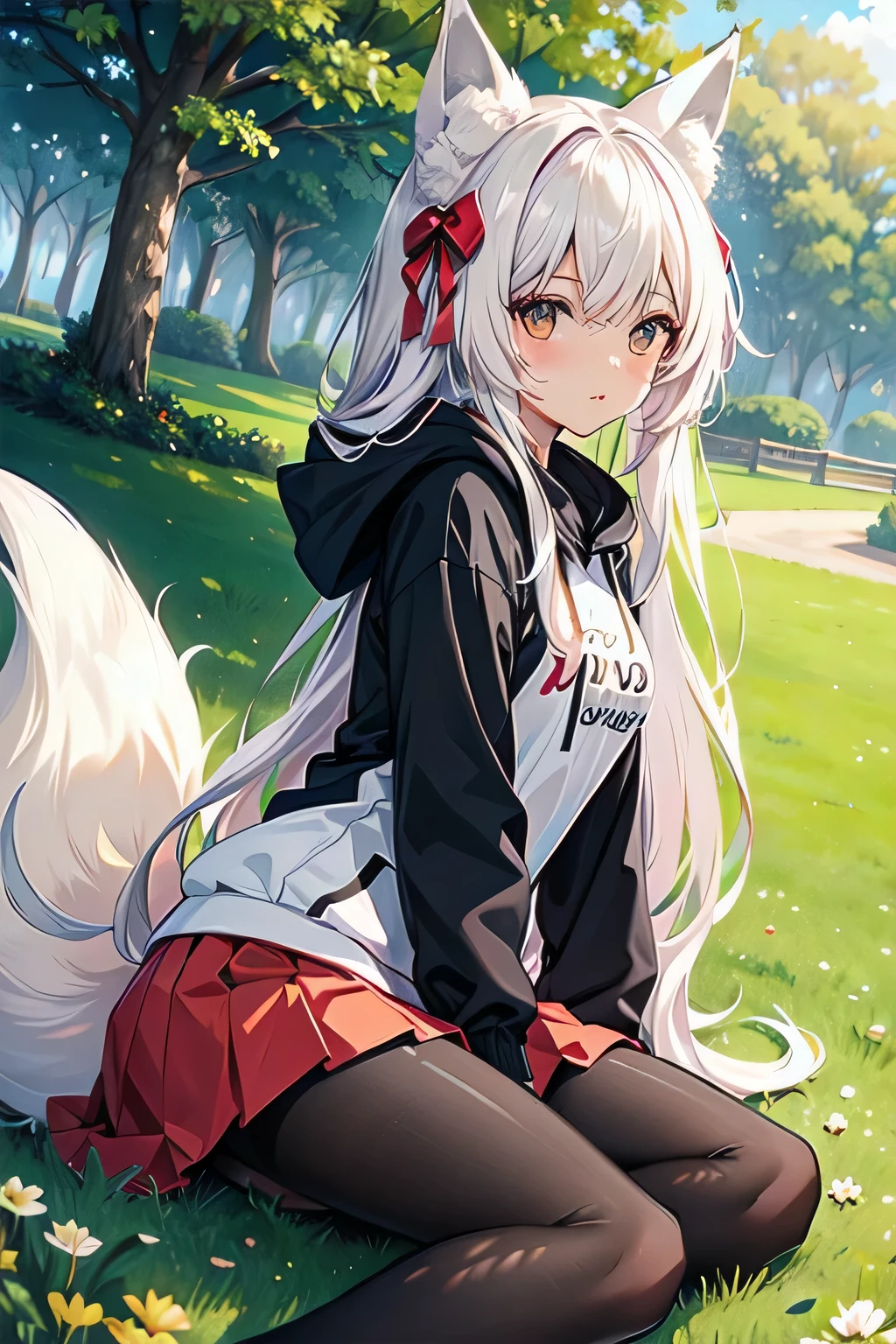 fox girl, fox ears, fox tail, long hair, hoodie, skirt, pantyhose, park scenery, sitting, masterpiece, best quality, high dynamic range, high resolution,