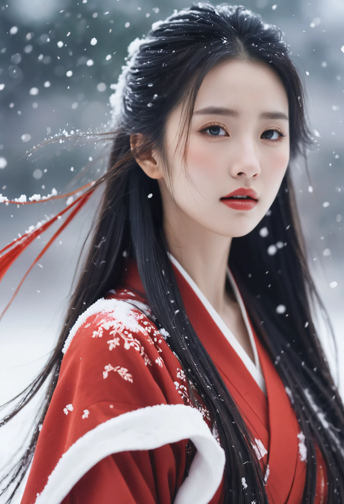 cinematic photo ,Best quality , (masterpiece:1.2) , cinematic photo,1girl,A beautiful girl in red hanfu, Standing in the wind andsnow, long hair blown by the wind,snow in the sky , upperbody,snowing,snowy day,in winter ,motion blur ,(sad:1.1),(crying:1.1),close-up,(tears:1.1),(face focus:1.1),(close mouth:1.1),front view ,35mm photograph, film, bokeh, professional, 4k, highly detailed,helgirls 