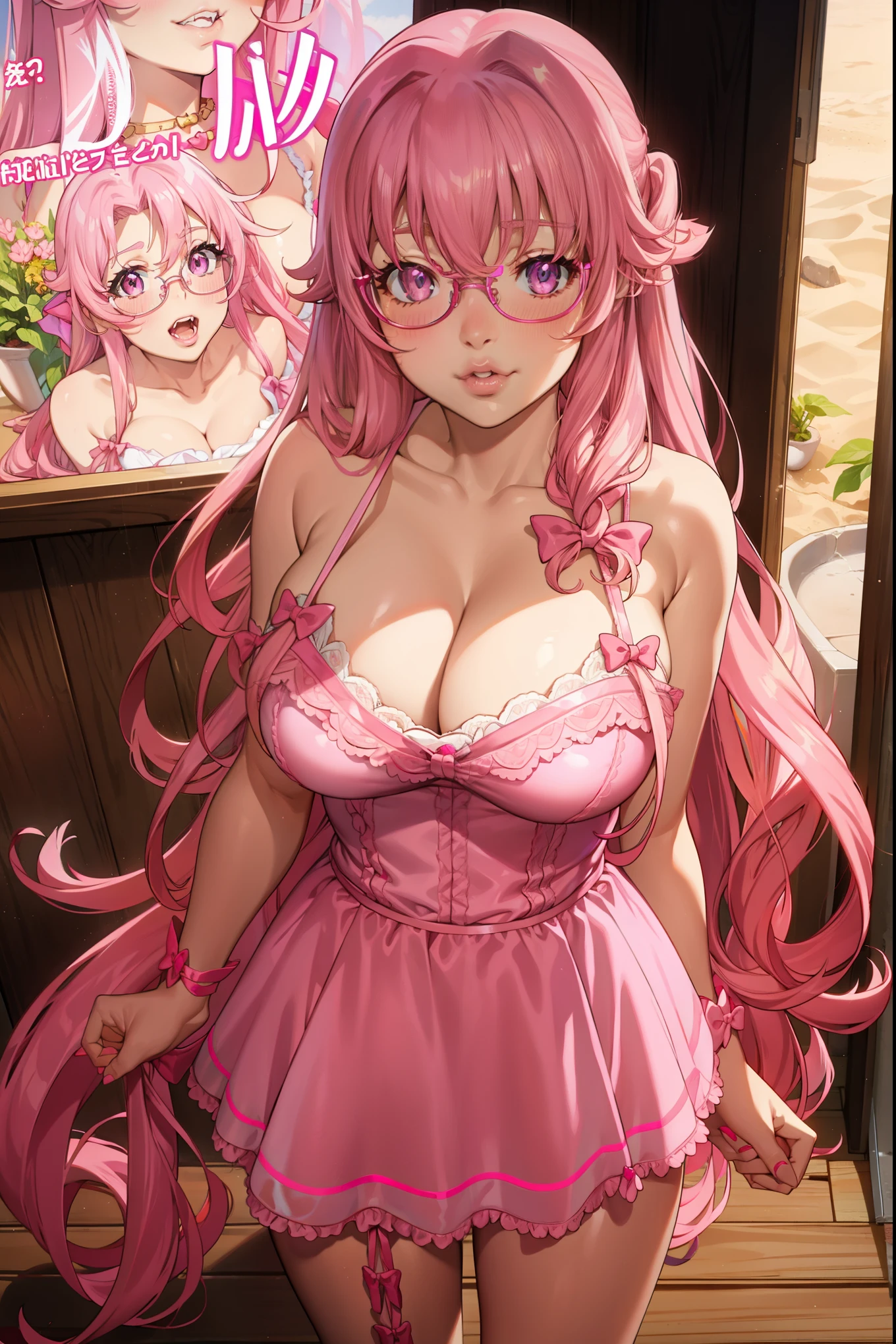 blush, smileglowing aura, natural light, masterpiece, glossy skin, juicy lips , ,sexy, hot, , cleavage, evil,juicy lips, bimbo, hour glass, pink hair, wide eyes, purple eyes, massive , dark lighting, long hair, pink bow, lplatform shoes, bow in hair, golden round glasses, sandy blonde hair, juicy lips, cowboy shot, ((pink bow)), dress, fangs, garter belt, very long hair