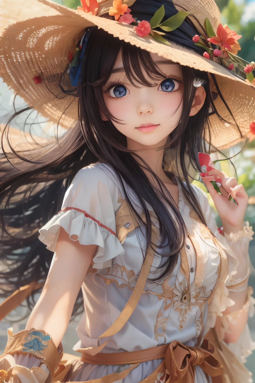 Anime girl with long black hair wearing a straw hat, anime style 4k, beautiful anime portrait, anime moe art style, anime art wallpaper 4k, anime art wallpaper 4k, High quality anime art style, anime style portrait, Gweiz, artwork in the style of Gweiz, detailed digital anime art, anime art wallpaper 8k, cute anime girl portrait
