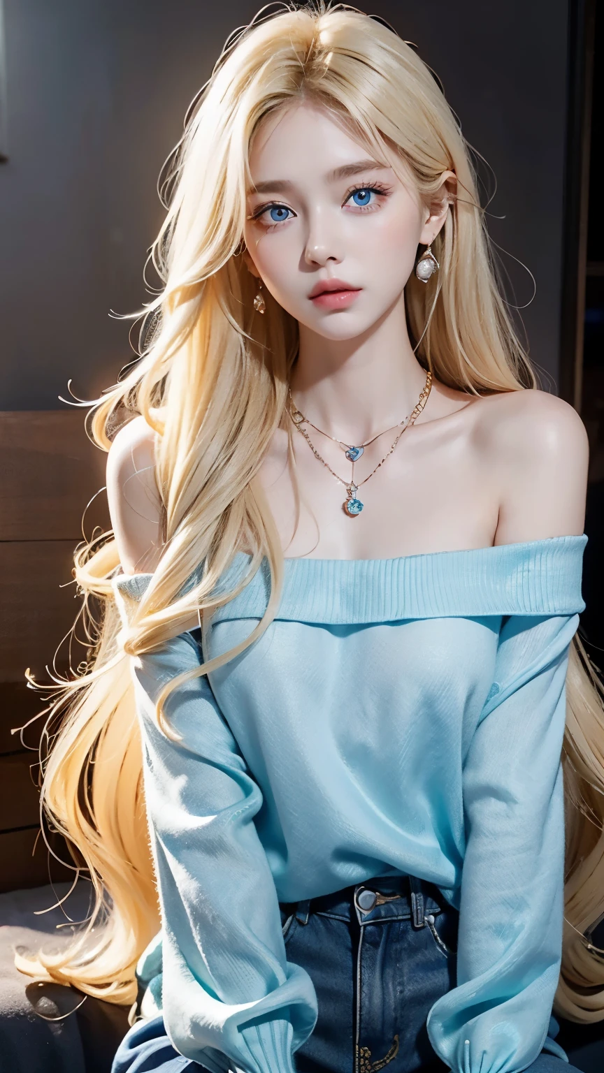1 girl, 19 years old, extraordinary beauty、alone, super long blonde hair, Huge , looking at the viewer, silky blonde hair, bare shoulders, bright pale blue eyes, gem, full body, necklace, off shoulder, sweater, realistic, sexy 8k、gross face、cheek gloss、small face beauty、