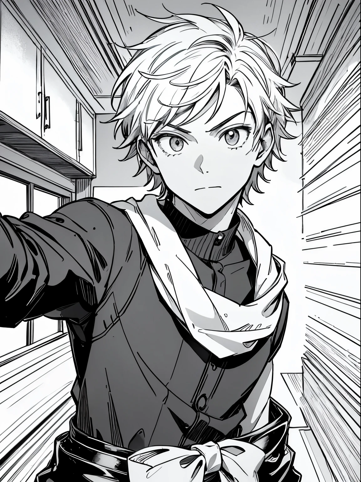 estilo kohei horikoshi,homem, Macho, 18 anos, Sozinho, rosto capturado, fechar-se, looking at the camera, rosto meio de perfil, olhos grandes , body towards the camera, front camera, serious eyes, rosto calmante, sorria levemente com a boca, boca falando, usando polo, using cord, Identification document holder, arte linear, homemga, homemga art, Quadrinho, Arte em preto e branco, monochrome, fundo da sala, fundo claro, fundo branco