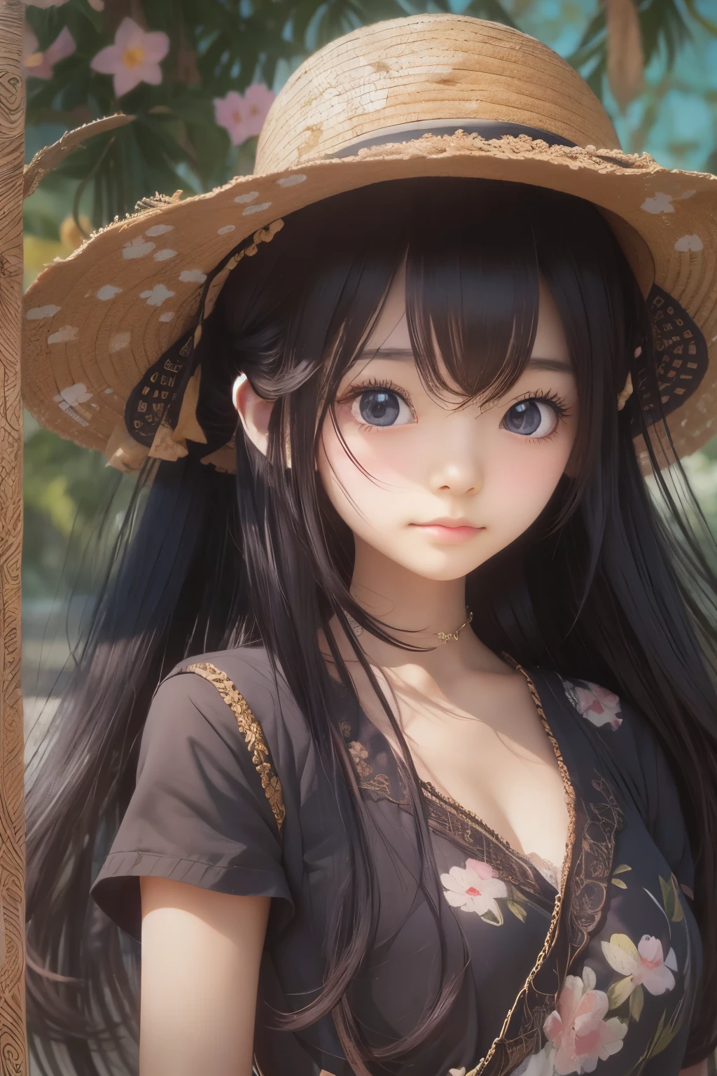 Anime girl with long black hair wearing a straw hat, anime style 4k, beautiful anime portrait, anime moe art style, anime art wallpaper 4k, anime art wallpaper 4k, High quality anime art style, anime style portrait, Gweiz, artwork in the style of Gweiz, detailed digital anime art, anime art wallpaper 8k, cute anime girl portrait