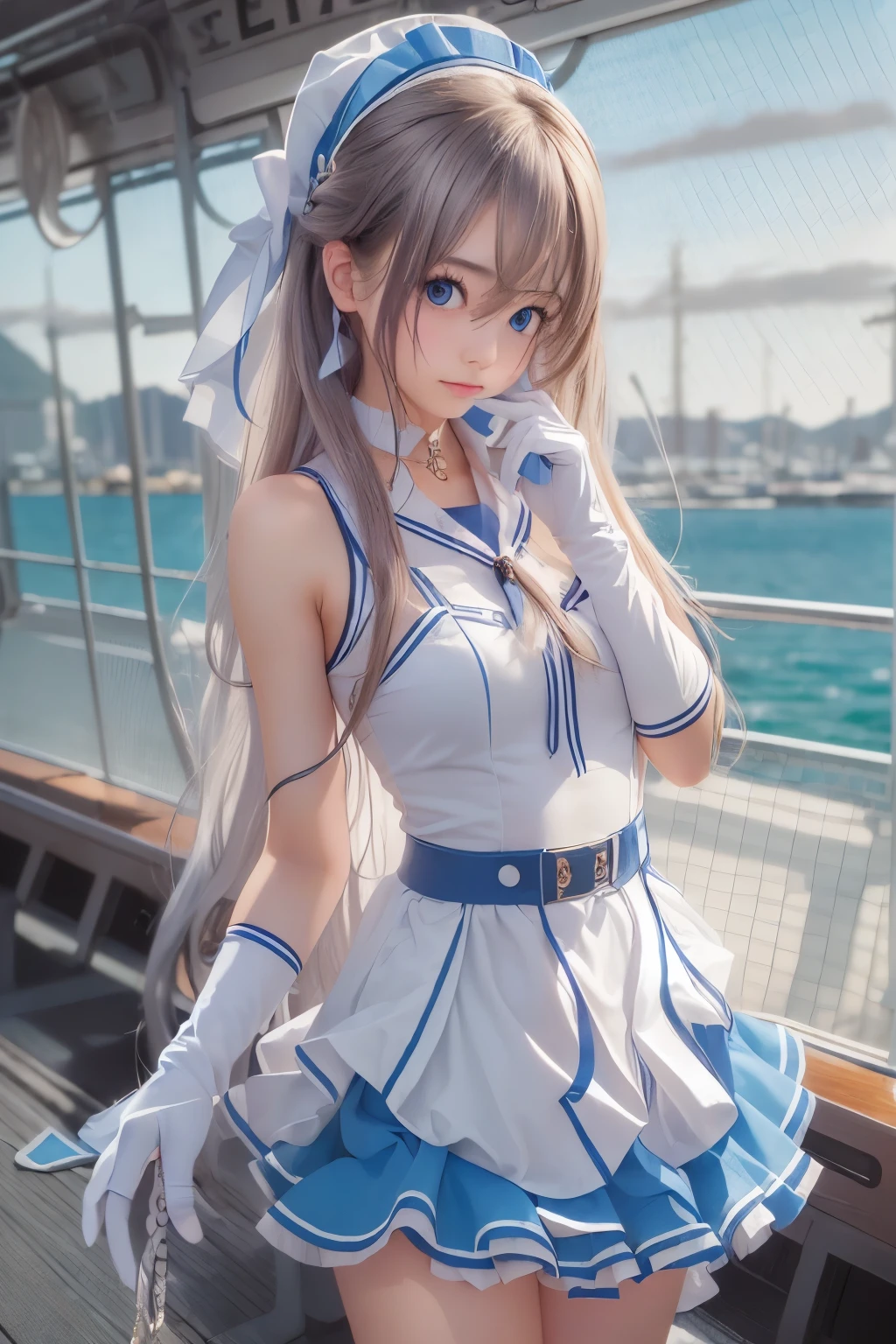 ((highest quality)), ((masterpiece)), ((1 girl)), ((photograph, Realistic)),  alone, ferry, ((long hair)), ferryBase, ((Thighhighs)), bare shoulders, ((jewelry)), ((sleeveless)), white dress, blue skirt, ((gloves)), thigh height,