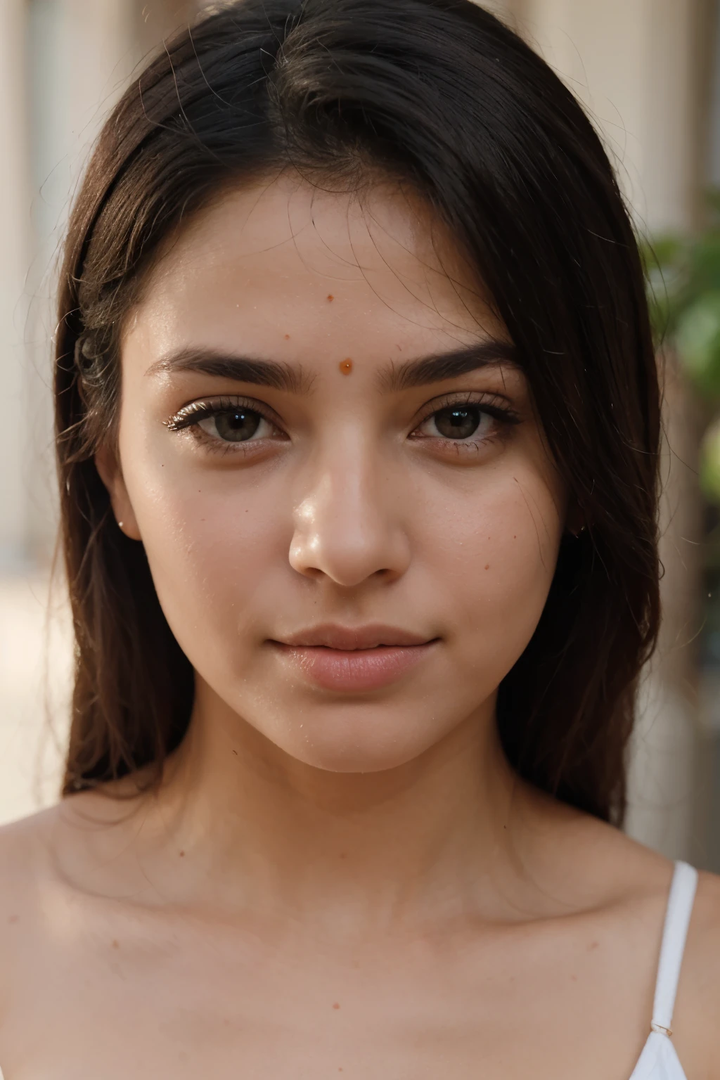 beautiful girl, black hair,looks indian , perfect face shape for a face yoga model