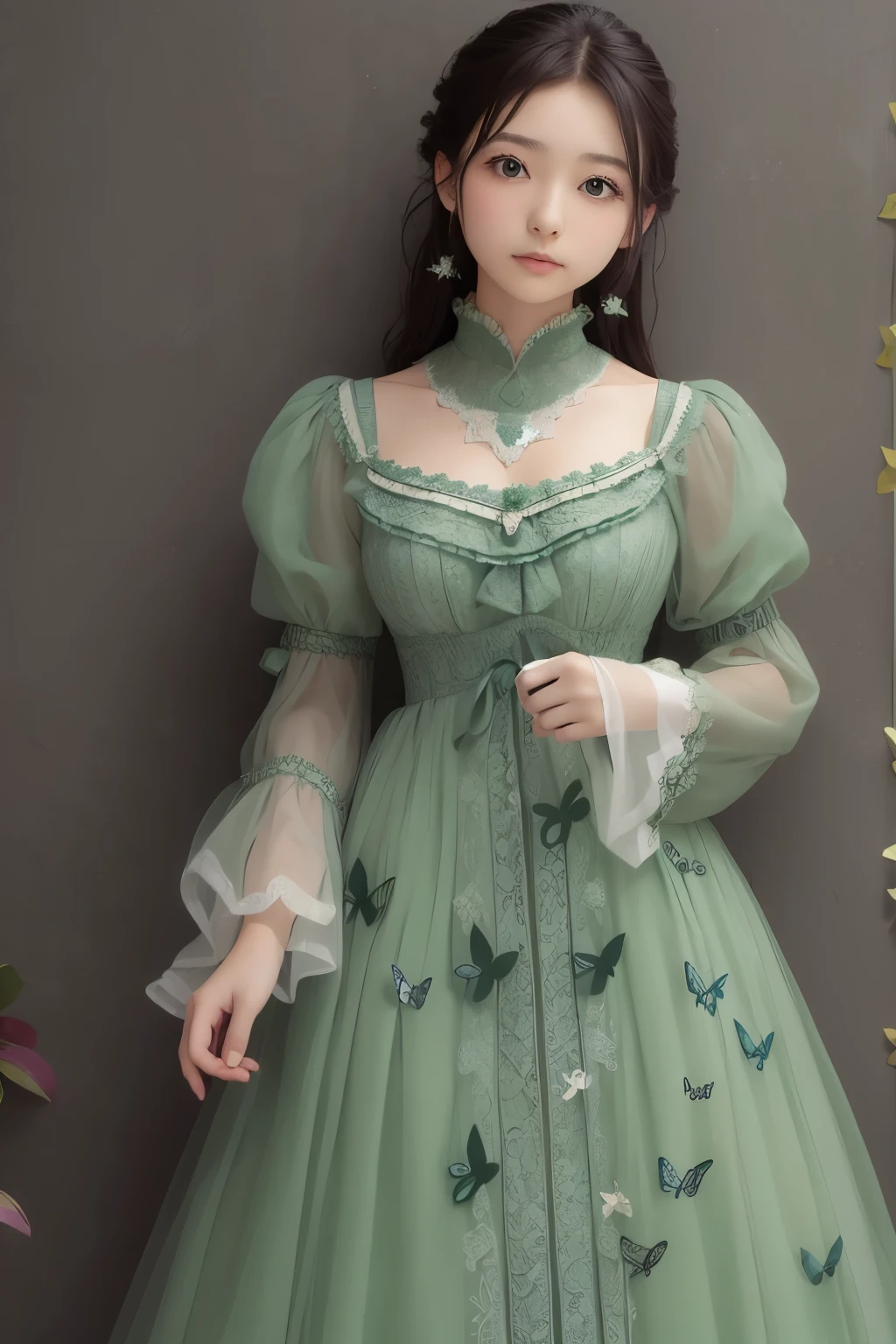 ((masterpiece)), (highest quality), (simple style), green dress, butterfly heart, pleated lace, edwardian lace dress.