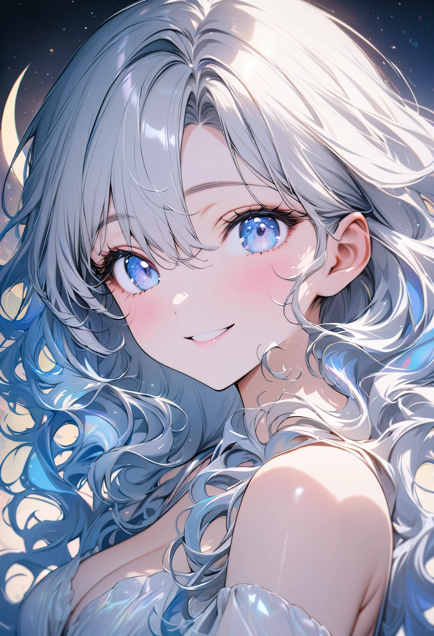 best quality, super fine, 16k, incredibly absurdres, extremely detailed, bust-up portrait of a cute woman looking at you and smiling shyly, white glossy messy wavy hair, crescent-moon-shaped blue eyes, beautiful iridescent background