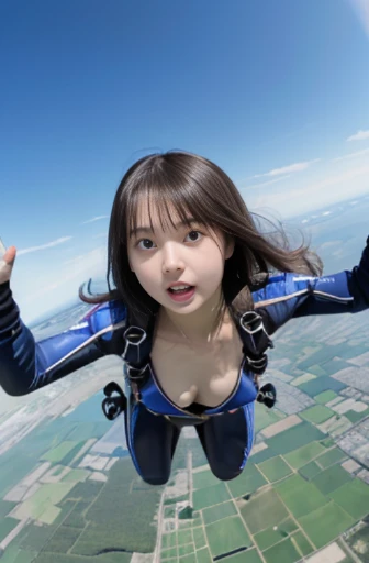 best quality, detailed, beautiful, insanely detailed, absurdres,perfect anatomy,
Japanese woman,black hair,27 years old,
(slender),
(small breasts), full body shot,impressive panoramas
Scene of enjoying skydiving,(angle from below:1.3)