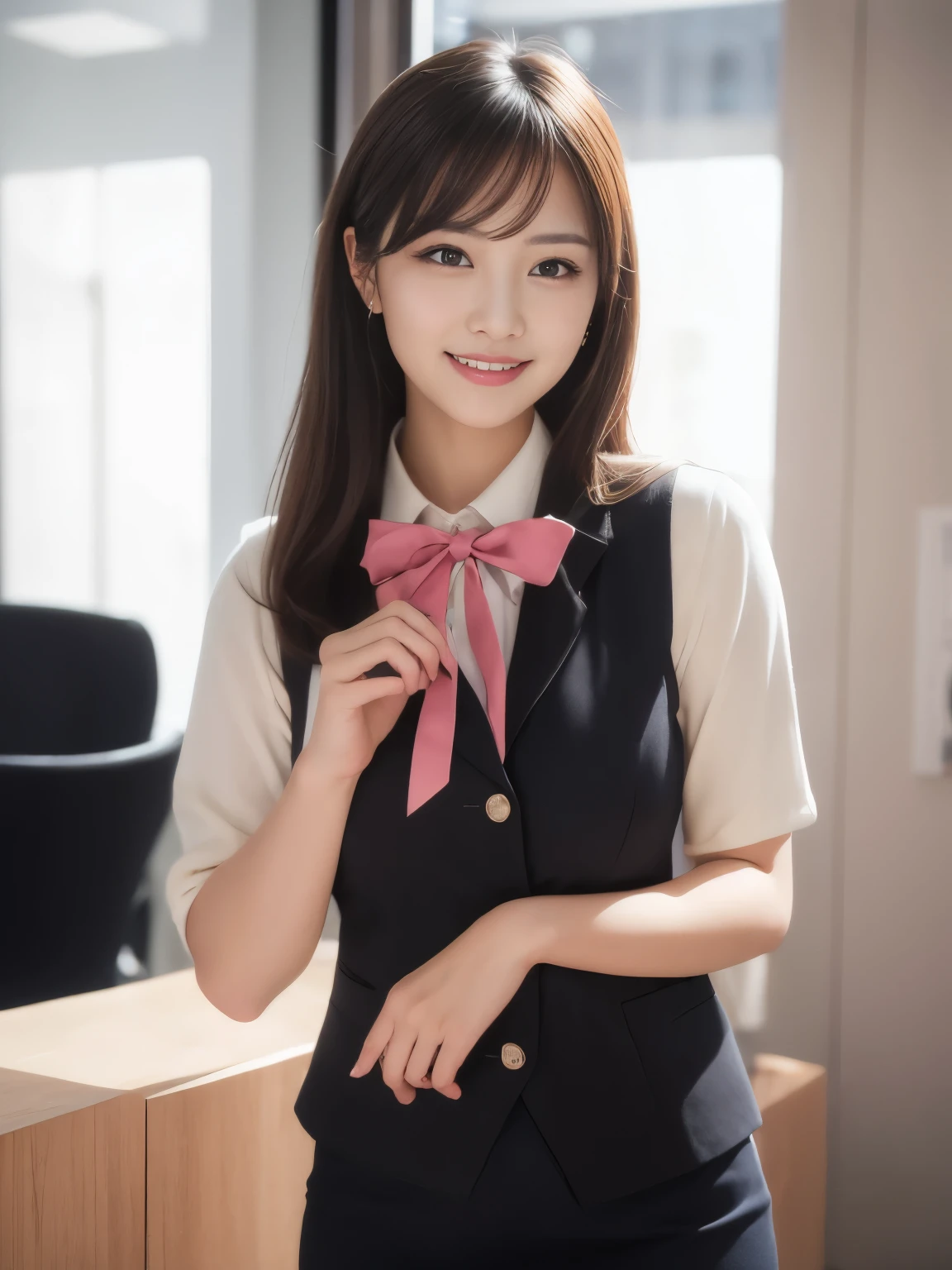 1 standing woman, (make a marriage proposal), company employee, (black vest:1.2) (pencil skirt) bow tie, bangs, A gentle smile with a blush, (Masterpiece of the highest quality:1.2) (indoor modern office), Skyscraper with windows, detailed background