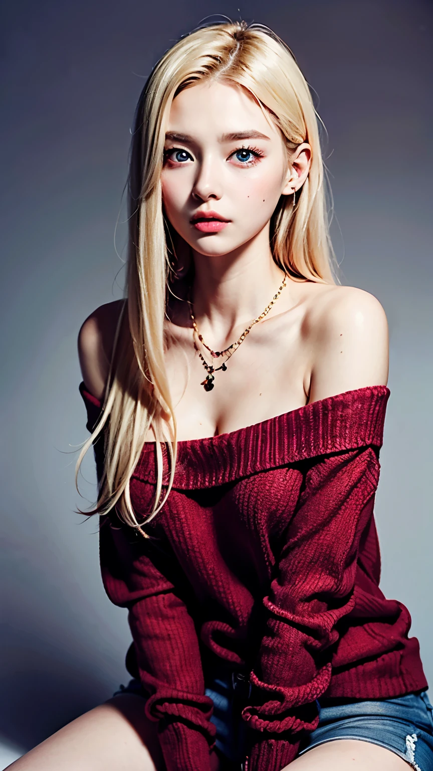 1 girl, 19 years old, extraordinary beauty、alone, Long blonde hair, Huge , looking at the viewer, silky blonde hair, bare shoulders, bright pale blue eyes, gem, full body, necklace, off shoulder, red sweater, realistic, sexy 8k、gross face、cheek gloss、small face beauty、