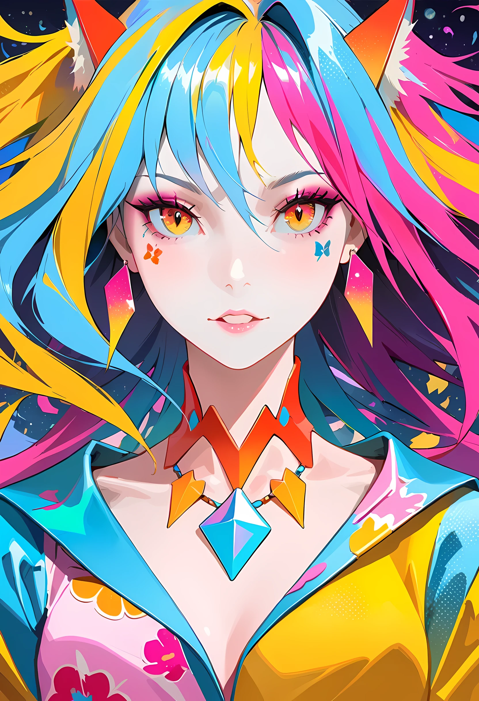 Close-up of a woman with rich and colorful hair and necklace, Cosmic hair anime girl, The soft vibrancy of Rossdraws, Gouves style artwork, fantasy art style, rich and colorful], Vibrant fantasy style, Rossdraws cartoon full of energy, cosmic and rich and colorful, guweiz, rich and colorful digital fantasy art, Stunning art style, Beautiful anime style, White skin, pajamas,