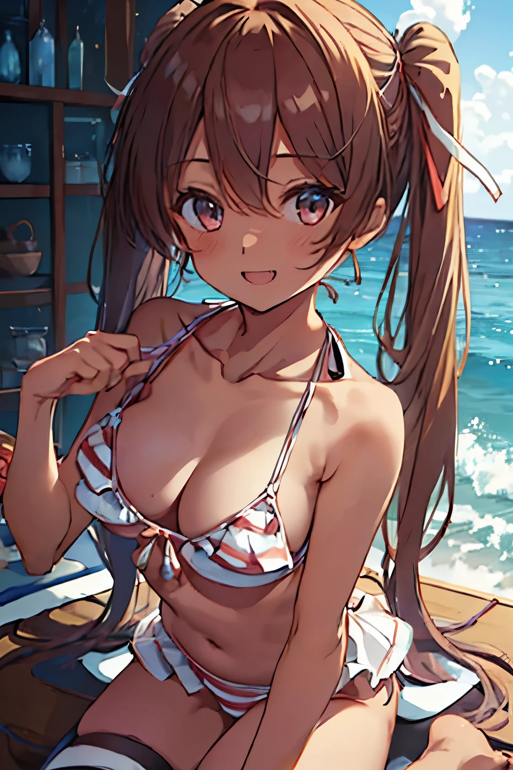 libeccio/Ribecchio (Kantai Collection)(table top, highest quality:1.4), (Super detailed:1.2), {shape,like a painting}, {studio light, like a painting}, [best shadow], (Konishi CSA:1.2)_(Jiutiaozi:1.05), (Alpha CDE:1.3)_(Gamma CDE:1.15), break (perfect anatomy), (symmetrical eyes, Super detailed eyes, beautiful eyes), (sharp eyeliner, Super detailed face, beautiful face), 素敵なhandの破壊, 完璧なhand, グイド・ダニエレのhand, break 1girl, alone, hair ribbon, (one piece) work, (bright colors) のbikini, bikini, (のbikini) , (hand) Scrunchie, (jewelry) ハンドScrunchie, clavicle, bare shoulders, belly button, barefoot, break looking at viewer, cowboy shot, towards the audience, smile, open your mouth, (outdoor, beach, sky porn), break,((nsfw))