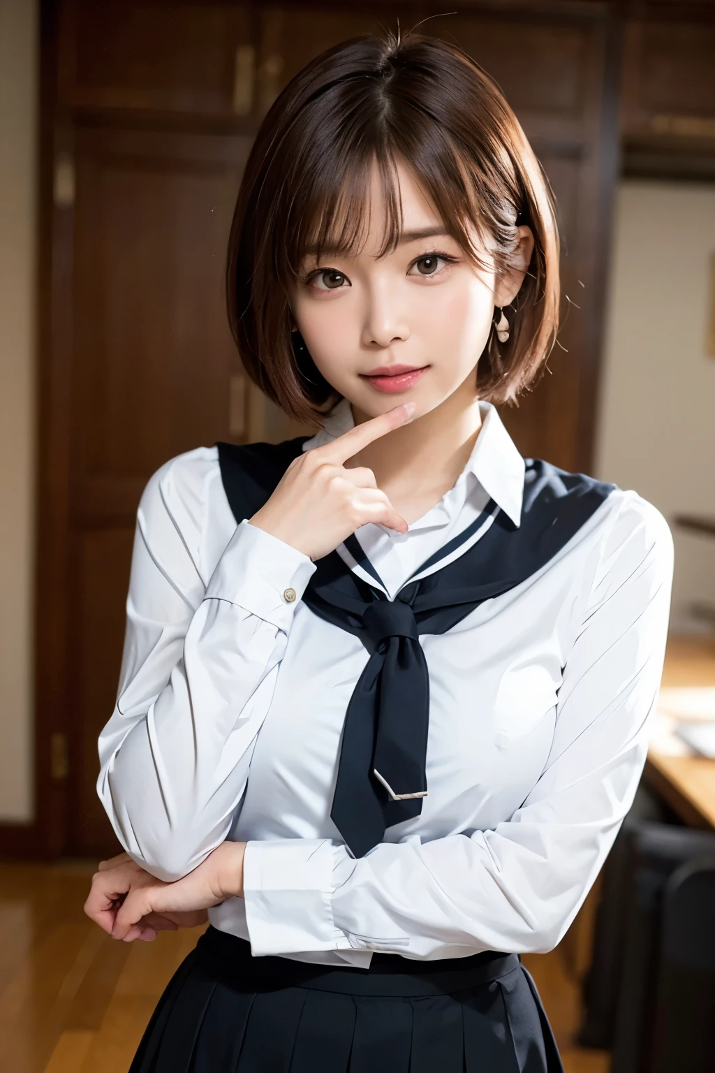 "(Best Quality, 4K, 8K, hight resolution, masutepiece:1.2), Ultra-detailed, Realistic:1.37, short light brown hair, High School Girl, Sailor Uniform, Black School Miniskirt, Super Super Slender Body, Super big breasts, Shy and cute face, Beautiful smile, Lift her skirt to show her underwear(Panchira）"