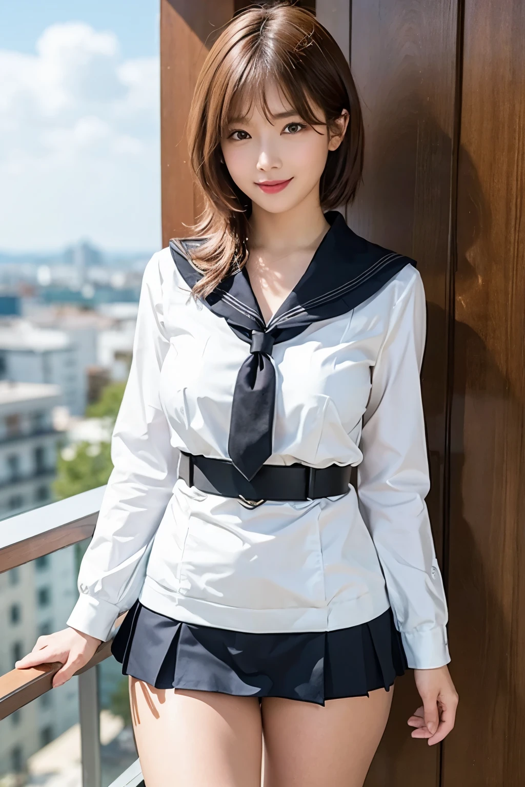 "(Best Quality, 4K, 8K, hight resolution, masutepiece:1.2), Ultra-detailed, Realistic:1.37, short light brown hair, High School Girl, Sailor Uniform, Black School Miniskirt, Super Super Slender Body, Super big breasts, Shy and cute face, Beautiful smile, Lift her skirt to show her underwear(Panchira）"