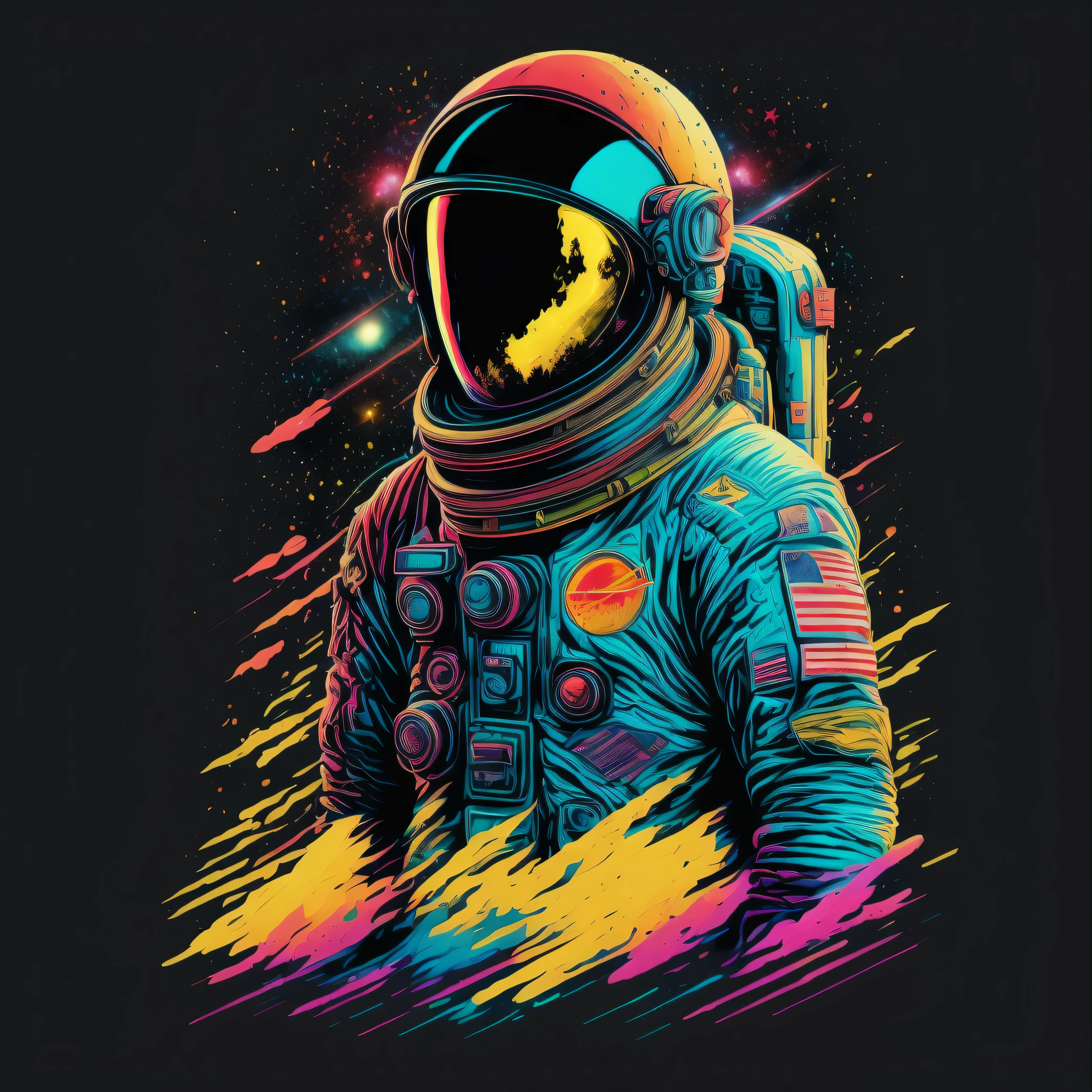 full body astronaut, the space, galaxy, 80's vector image, T-shirt design, isolated, black background, cyan yellow illustration and red only, strong color