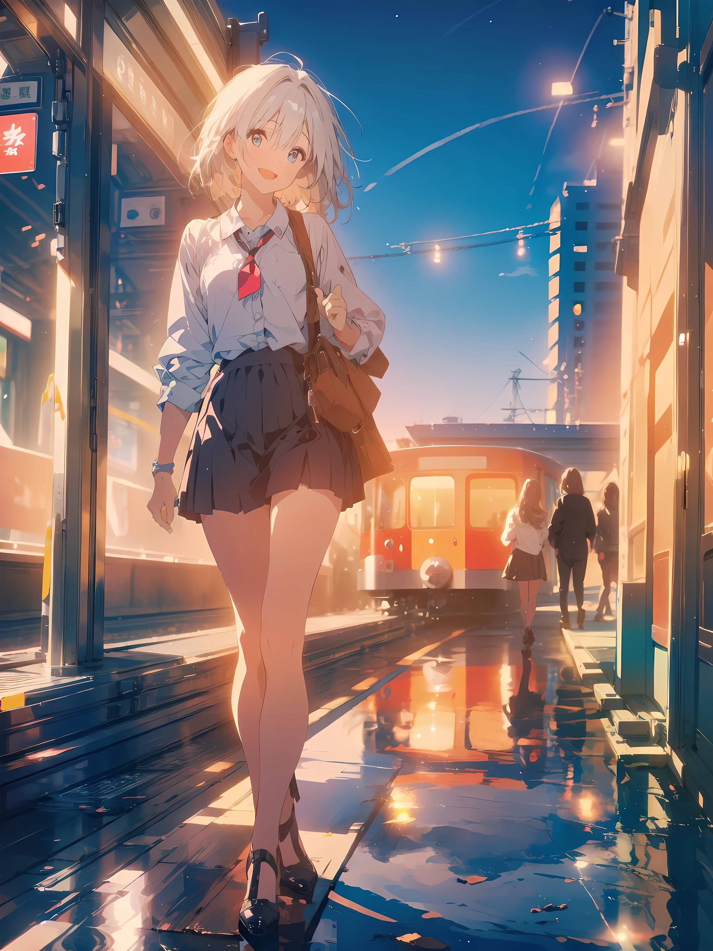 ((masterpiece,best quality)), 1girl, march7th, single glove, black heels, holding camera, train station, train, depth of field, night, smile, open mouth, walking, from side, floating hair,