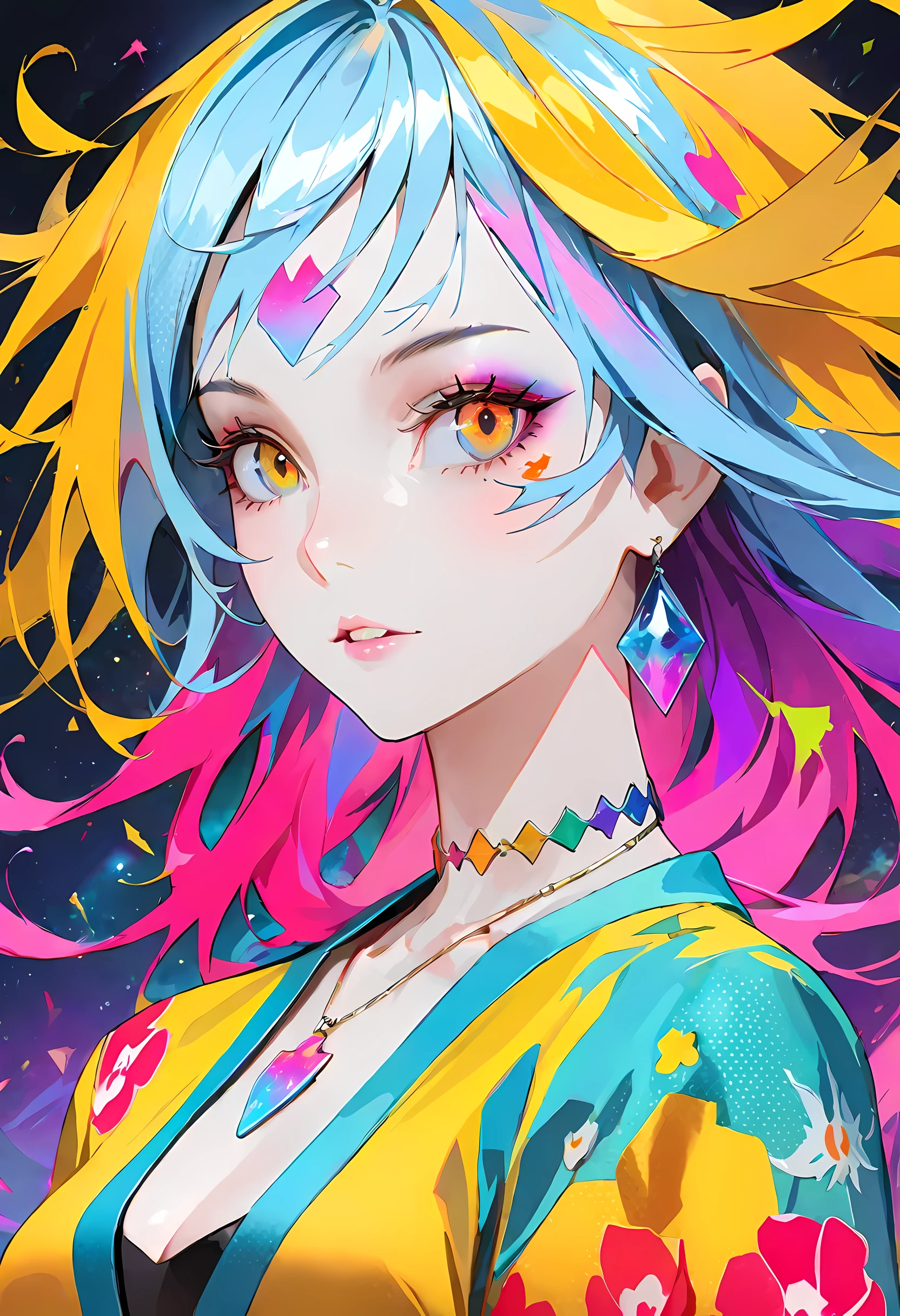 Close-up of a woman with rich and colorful hair and necklace, Cosmic hair anime girl, The soft vibrancy of Rossdraws, Gouves style artwork, fantasy art style, rich and colorful], Vibrant fantasy style, Rossdraws cartoon full of energy, cosmic and rich and colorful, guweiz, rich and colorful digital fantasy art, Stunning art style, Beautiful anime style, White skin, pajamas,