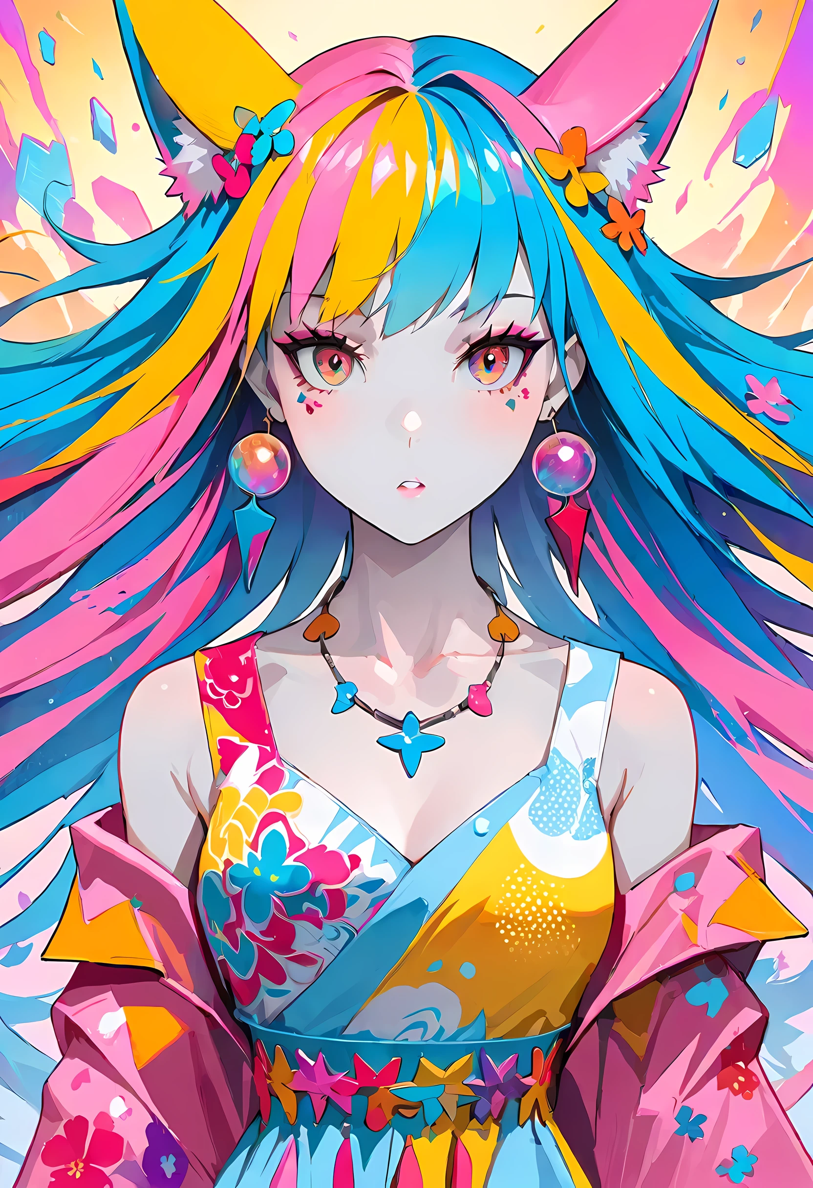 Close-up of a woman with rich and colorful hair and necklace, Cosmic hair anime girl, The soft vibrancy of Rossdraws, Gouves style artwork, fantasy art style, rich and colorful], Vibrant fantasy style, Rossdraws cartoon full of energy, cosmic and rich and colorful, guweiz, rich and colorful digital fantasy art, Stunning art style, Beautiful anime style, White skin, pajamas,