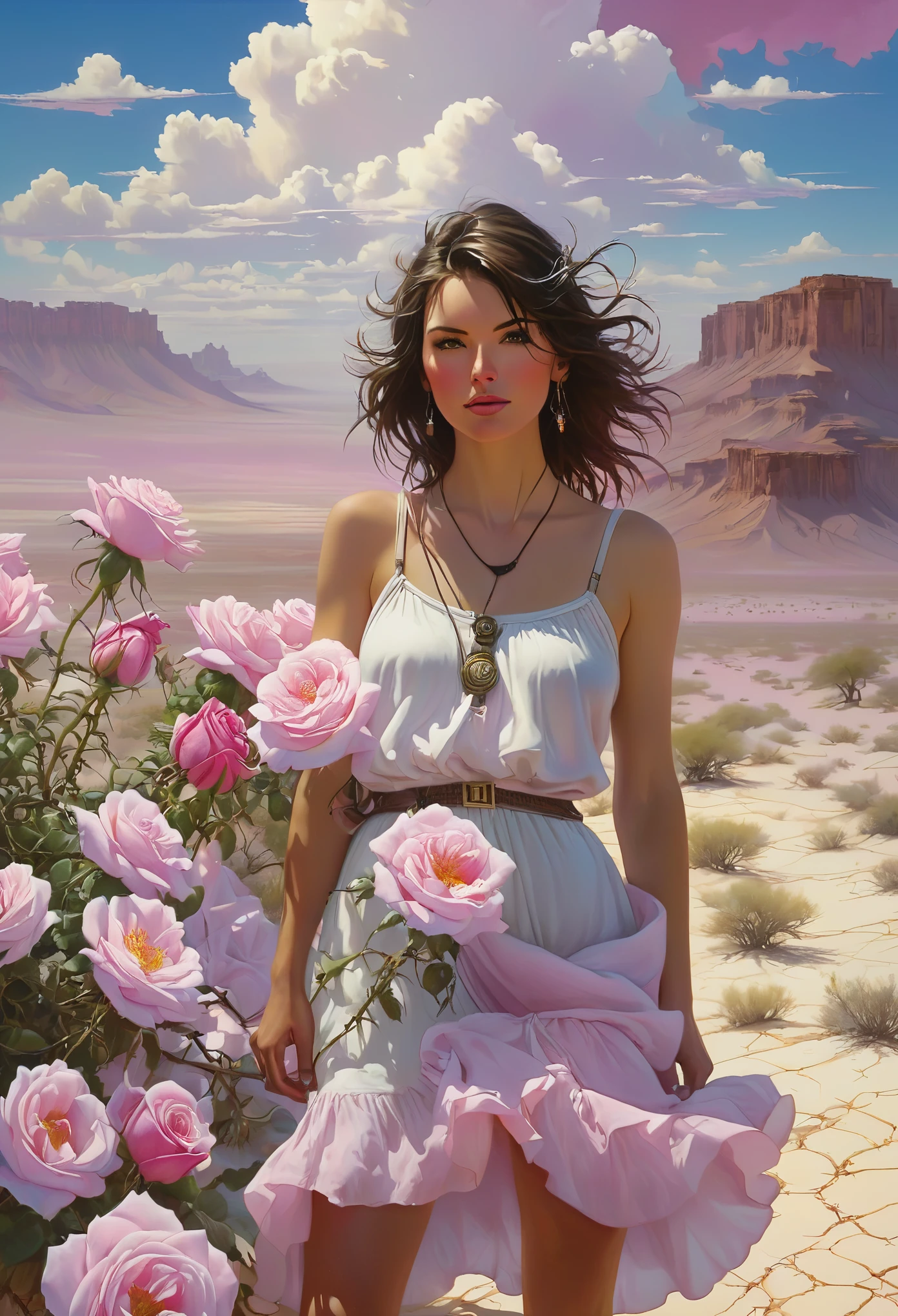 Summer, desert, pink clouds, a land overgrown with roses stands beautiful girl, James Gurney, art station rendered, ultra-wide lens, high definition
