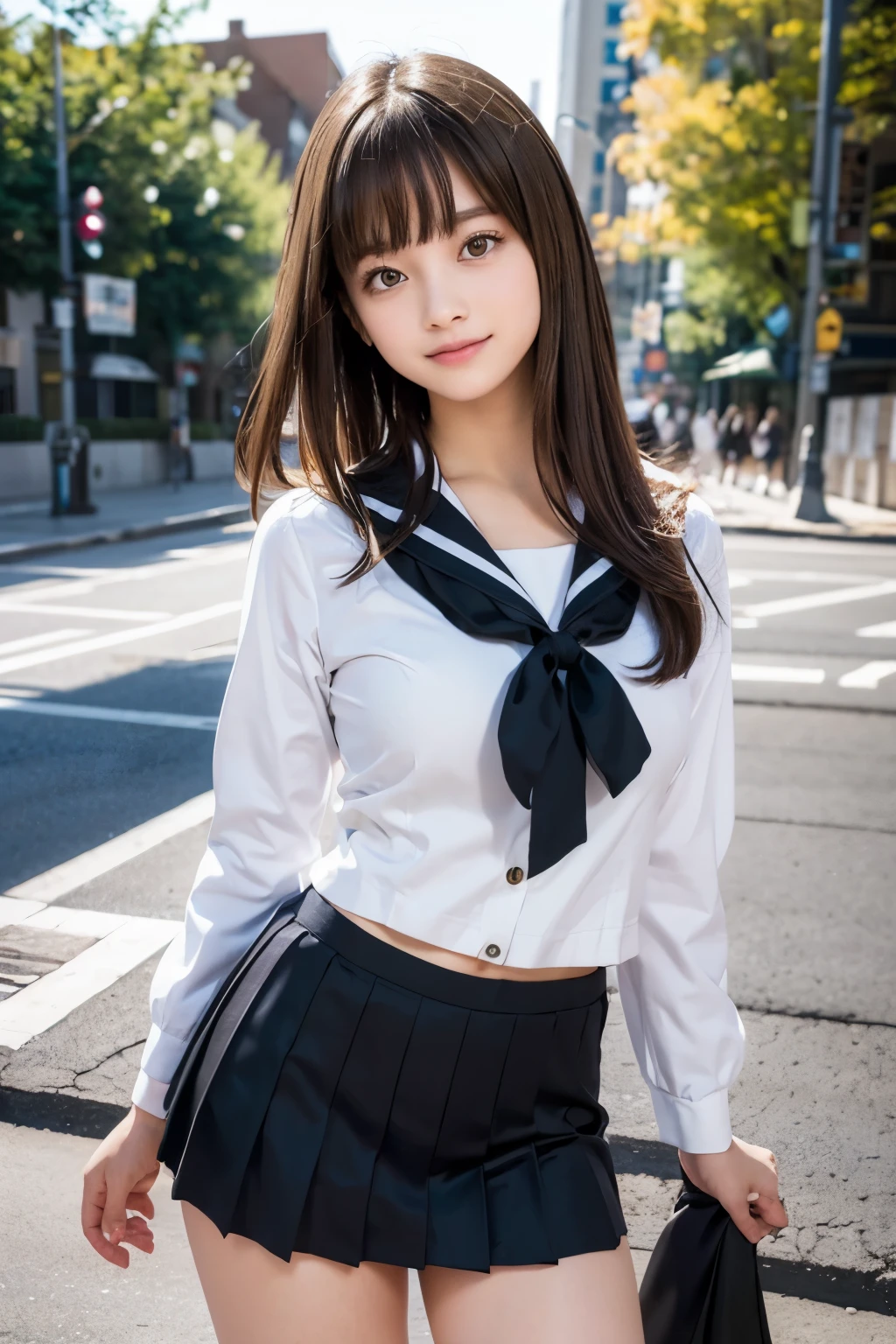 "(Best Quality, 4K, 8K, hight resolution, masutepiece:1.2), Ultra-detailed, Realistic:1.37, short light brown hair, High School Girl, Sailor Uniform, Black School Miniskirt, Super Super Slender Body, Super big breasts, Shy and cute face, Beautiful smile, Lift her skirt to show her underwear(Panchira）"