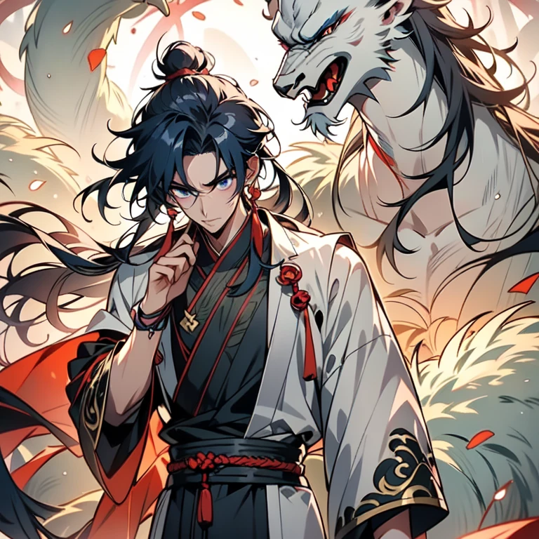 Anime masterpiece of Wen Dao Sheng Zun, with black hair flowing in the wind, stands alone in twilight. His upper body adopts a fighting stance, holding a huge, floating scroll in his hand. The scroll, of best quality and intricate details (masterpiece: 1.2), is filled with Chinese characters that glow with multiple light spots under the influence of electricity. The boy with piercing blue eyes keeps his mouth shut, observing the figure with great focus.
Beside Wen Dao Sheng Zun, lots of clouds and fog fill the air, creating a sense of mystery and intrigue. The ancient Chinese architecture in the background is shrouded in the fog