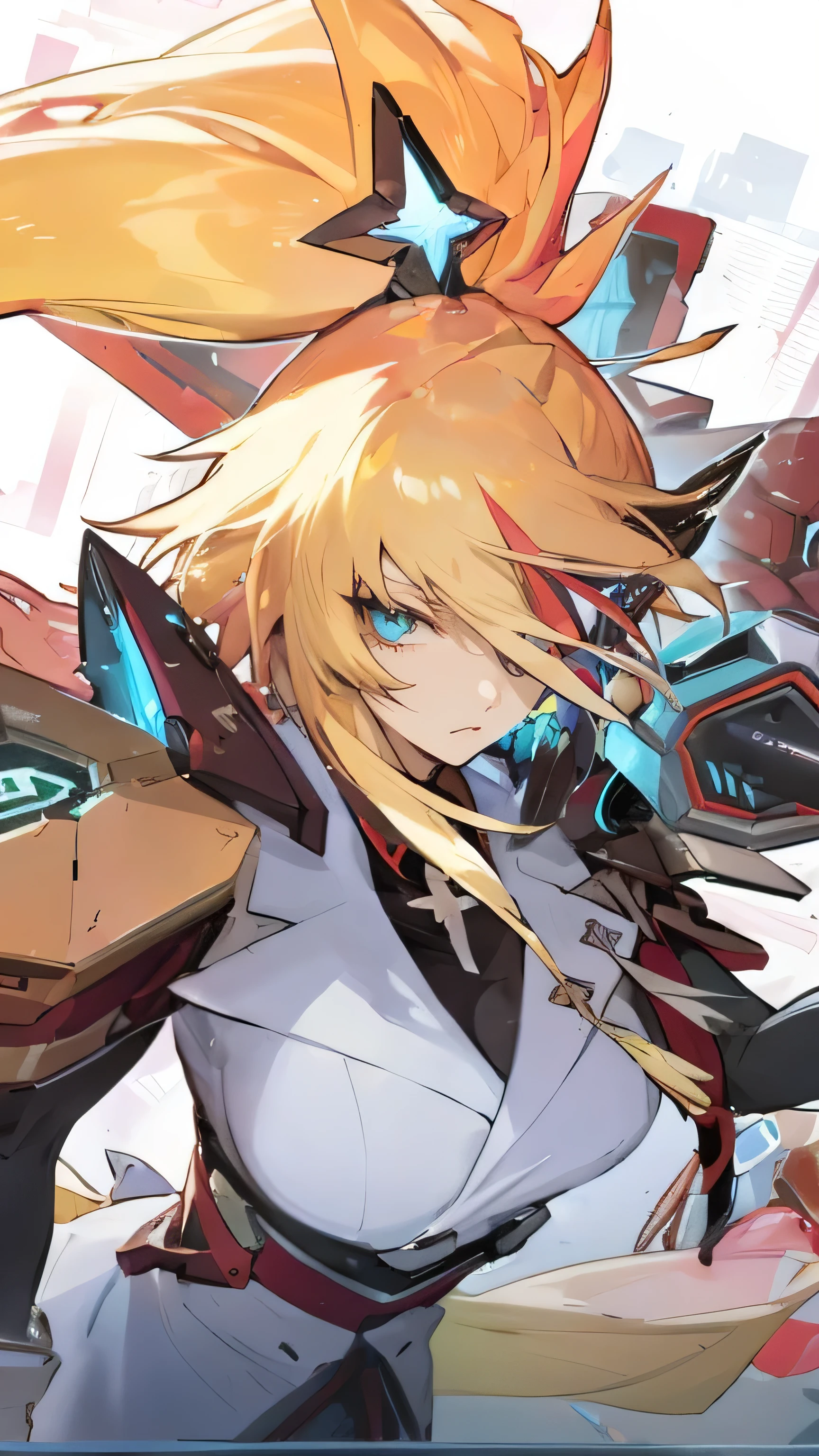 anime character with a sword and a large head of hair, guilty gear strive splash art, mechanized valkyrie girl, advanced digital anime art ”, key anime art, cushart kenz, girl in mecha cyber armor, ferra white mecha, official artwork, yu - no, guilty gear art style, anime mecha aesthetic, modern mecha anime, from arknights