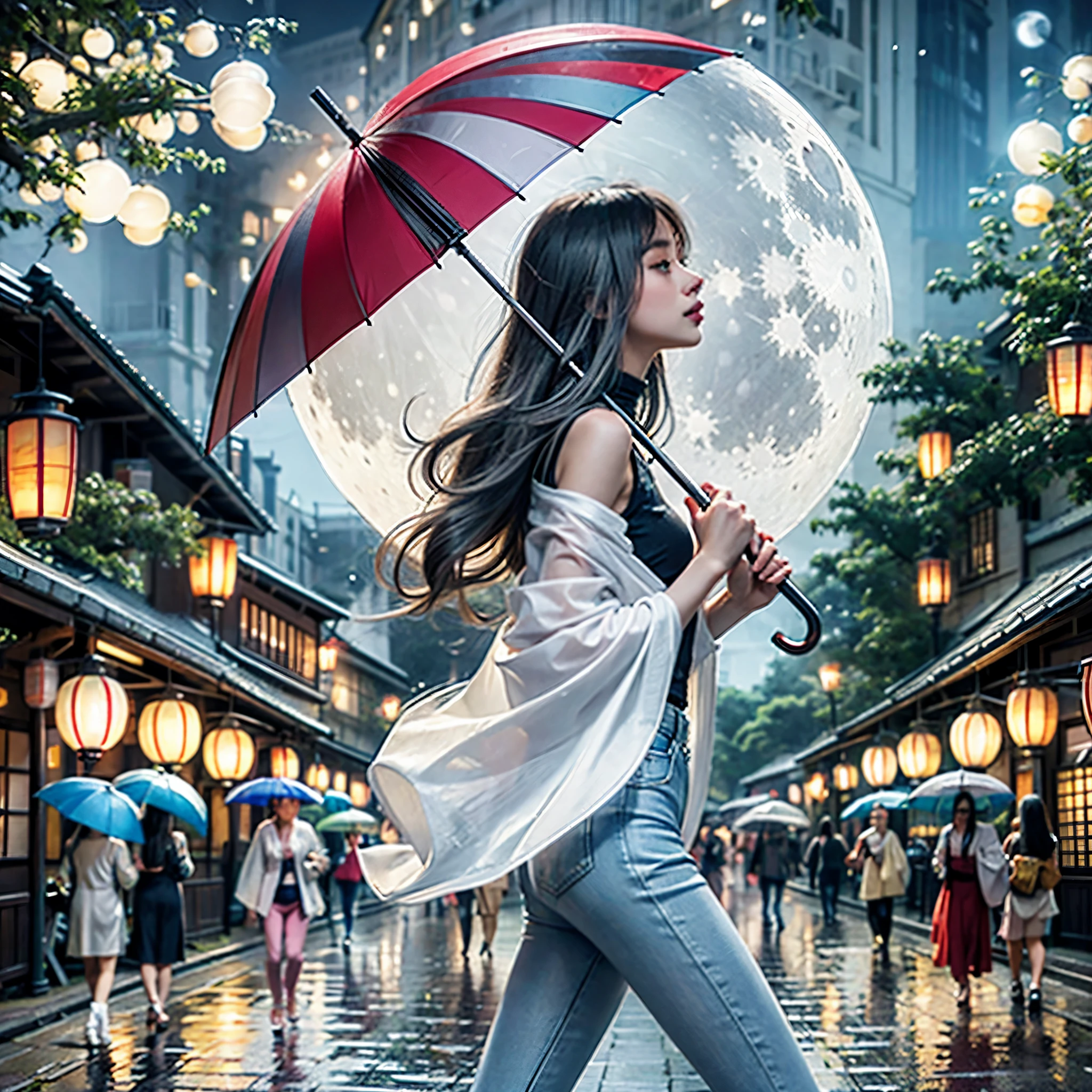 More about the rainy road, The girl hit the head of the umbrella, In his other hand he holds an umbrella, Blue Denim Leggings, Masterpiece Superb Night Moon(Master Piece) night moon(Full Moon) 1 Women, Sisters of Japan, Cold face showing silvery-white long-haired woman, Light pink lips, Calm and intelligent, Three Bands, lantern, lantern, Flower bulbs, Background, Spectacle strolling through the city, long hair shawl,