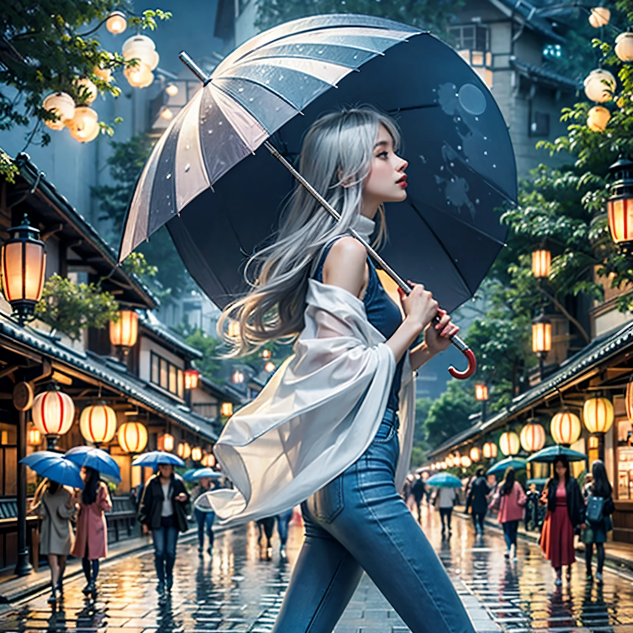 More about the rainy road, The girl hit the head of the umbrella, In his other hand he holds an umbrella, Blue Denim Leggings, Masterpiece Superb Night Moon(Master Piece) night moon(Full Moon) 1 Women, Sisters of Japan, Cold face showing silvery-white long-haired woman, Light pink lips, Calm and intelligent, Three Bands, lantern, lantern, Flower bulbs, Background, Spectacle strolling through the city, long hair shawl,