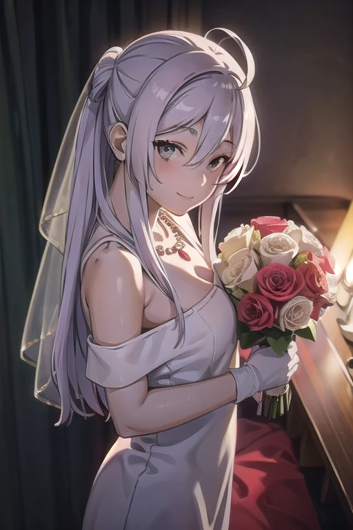(from above:1.2),(from side:0.9), ((Face)), (Close-Up:0.4), ((looking at viewer, holding a bouquet to his mouth)), highest quality、(real、photorealistic:1.4)、(RAW photo:1.2)、very detailed CG unity 8k wallpaper, delicate and beautiful, wonderful, Fine detail, official art, disorganized, very disorganized, huge file size, Ultra-detailed, very detailed, very detailed girl, very detailedなeyes and face, Bright on the face、(teenage girl:1.7)、small smile, ,smiling, miorine rembran, ahoge, (white hair:1.25), hair between eyes, hair bun, (long hair:1.25), tiara,,ruanyi0261,off-shoulder dress,pearl \(gemstone\),tiara,veil,wedding dress, wedding necklace, wedding long gloves, (luxurious bouquet), chapel, Stained glass,(best quality, highres, masterpiece:1.2), ultra-detailed, (realistic:1.37) illustration, erotic style, soft lighting, sweat glistening on her body, gentle warmth, dark and mysterious, small breast,narrow waist,(with sparkling eyes and a contagious smile),her thin pubic hair, looking at viewer,