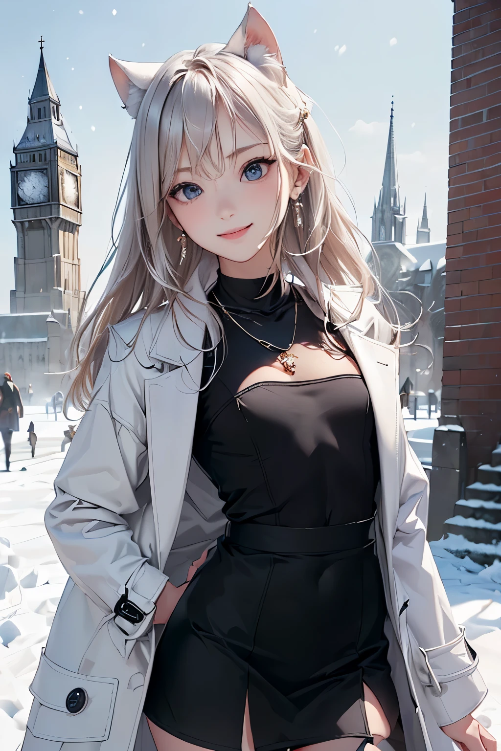 ((Biologically correct number of limbs))、(( Full body photo including face))、4K、masterpiece、((focus on the face))、((Symmetrical facial features))、Eyes of minute description、Beautiful woman、outstanding style、beautiful arms、beautiful legs、beautiful hands、slender body、(small ass、thin thighs)、(black stockings、high heels)、Detailed depiction of faces、small earrings、necklace、(Upper body shirt、lower body skirt、coat)、snowy morning town、Meet in front of the clock tower、close up of face、smile、clear
