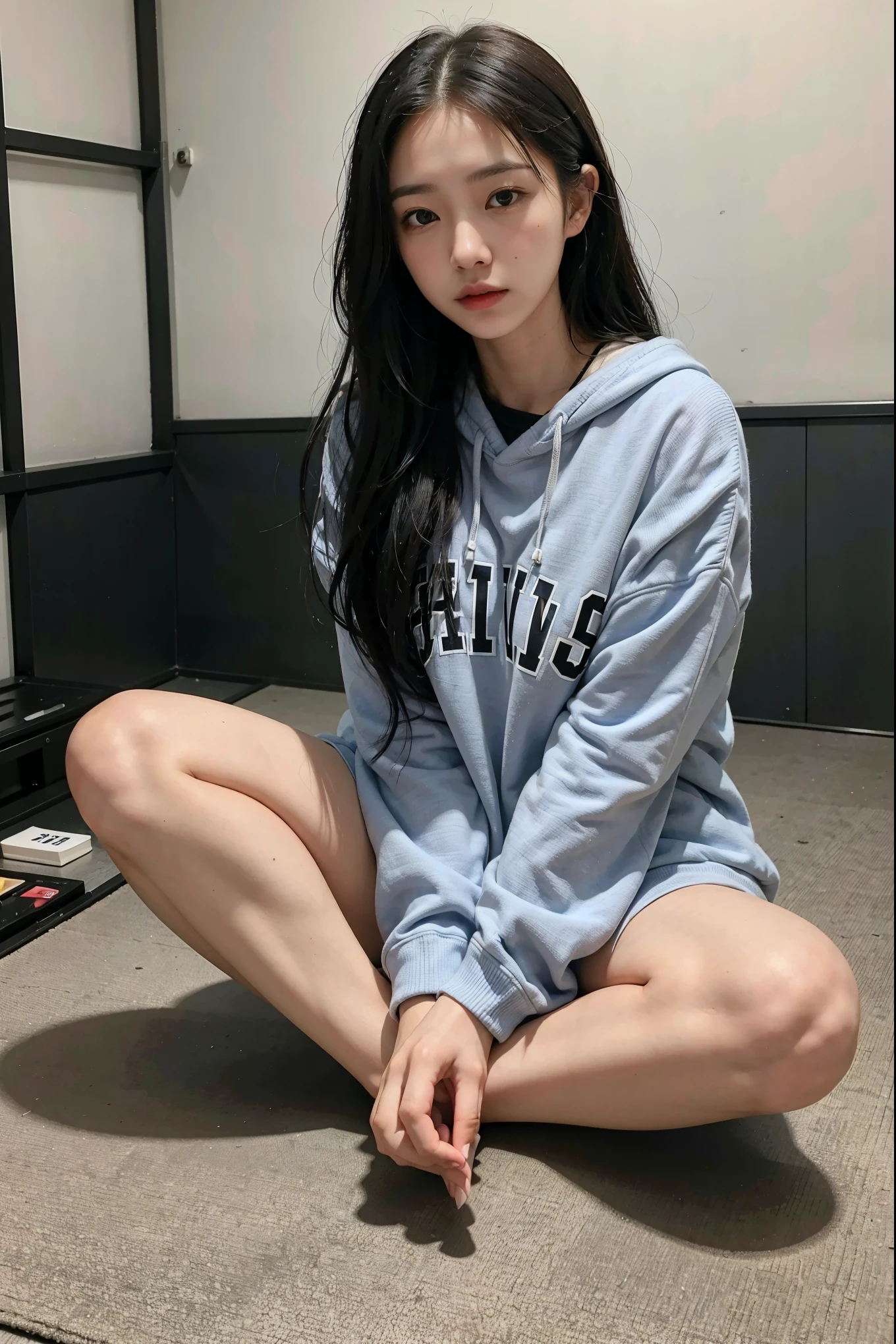 Highest quality, 8K, photo, (1female), (Japanese), 16years old, large size hoodie,dark face, (unkempt hair), sitting in gym, sitting at desk at night