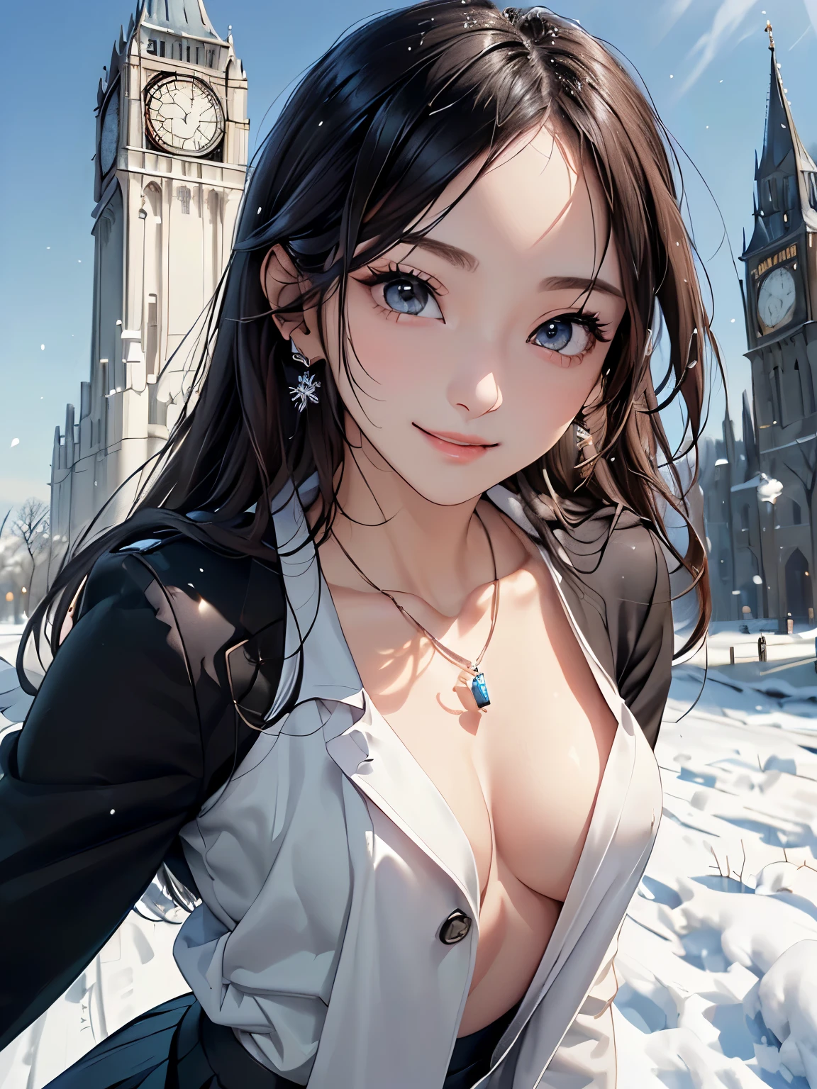 ((Biologically correct number of limbs))、(( Full body photo including face))、4K、masterpiece、((focus on the face))、((Symmetrical facial features))、Eyes of minute description、Beautiful woman、outstanding style、beautiful arms、beautiful legs、beautiful hands、slender body、(small ass、thin thighs）、(black stockings、high heels）、Detailed depiction of faces、small earrings、necklace、(Upper body shirt、lower body skirt、coat）、snowy morning town、Meet in front of the clock tower、close up of face、smile、clear