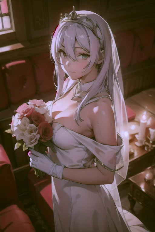 (from above:1.2),(from side:0.9), ((Face)), (Close-Up:0.4), ((looking at viewer, holding a bouquet to his mouth)), highest quality、(real、photorealistic:1.4)、(RAW photo:1.2)、very detailed CG unity 8k wallpaper, delicate and beautiful, wonderful, Fine detail, official art, disorganized, very disorganized, huge file size, Ultra-detailed, very detailed, very detailed girl, very detailedなeyes and face, Bright on the face、(teenage girl:1.7)、small smile, ,smiling, miorine rembran, ahoge, (white hair:1.25), hair between eyes, hair bun, (long hair:1.25), tiara,,ruanyi0261,off-shoulder dress,pearl \(gemstone\),tiara,veil,wedding dress, wedding necklace, wedding long gloves, (luxurious bouquet), chapel, Stained glass,(best quality, highres, masterpiece:1.2), ultra-detailed, (realistic:1.37) illustration, erotic style, soft lighting, sweat glistening on her body, gentle warmth, dark and mysterious, small breast,narrow waist,(with sparkling eyes and a contagious smile),her thin pubic hair, looking at viewer,