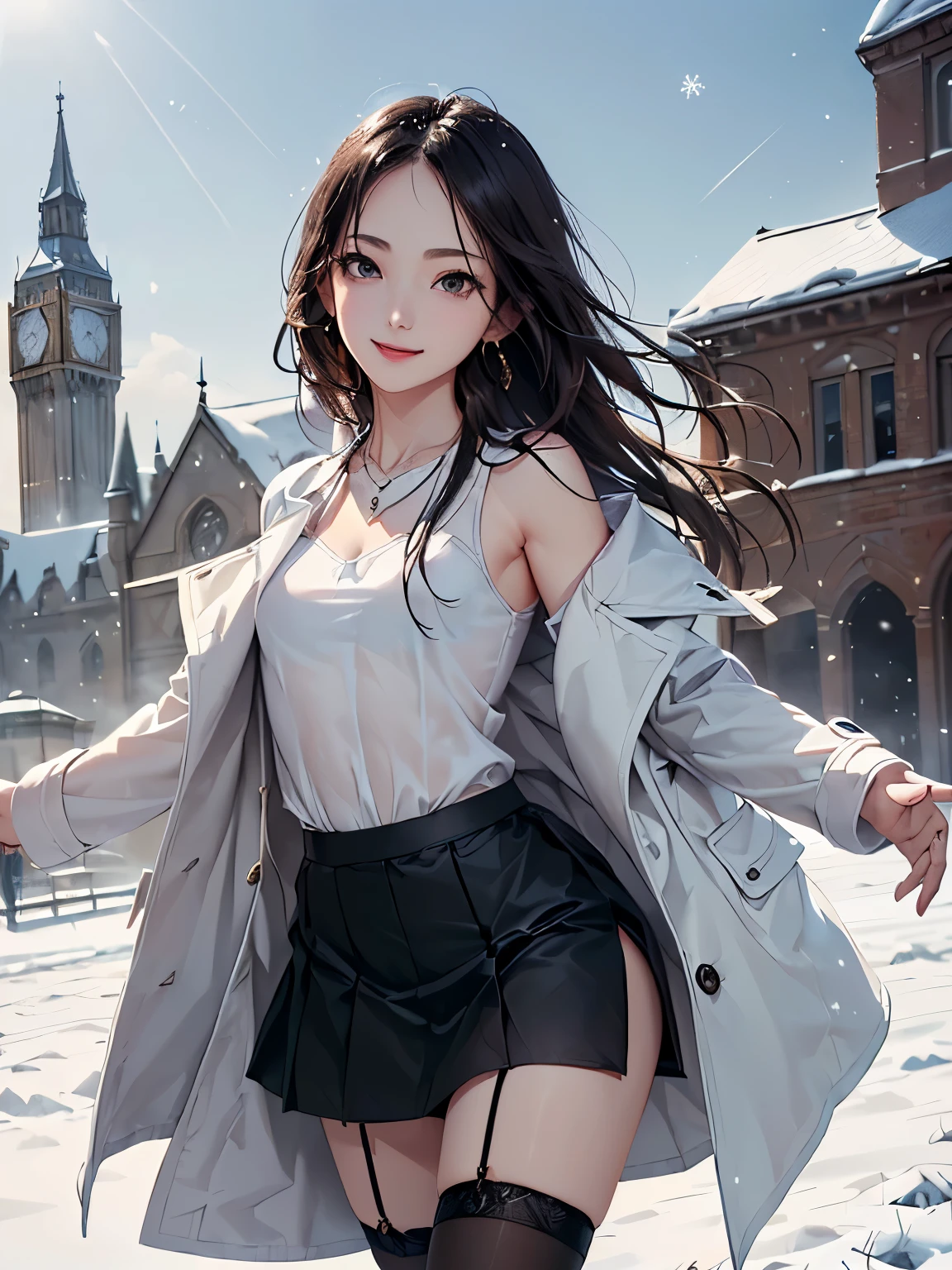 ((Biologically correct number of limbs))、(( Full body photo including face))、4K、masterpiece、((focus on the face))、((Symmetrical facial features))、Eyes of minute description、Beautiful woman、outstanding style、beautiful arms、beautiful legs、beautiful hands、slender body、(small ass、thin thighs)、(black stockings、high heels)、Detailed depiction of faces、small earrings、necklace、(Upper body shirt、lower body skirt、coat)、snowy morning town、Meet in front of the clock tower、close up of face、smile、clear、Backlight、