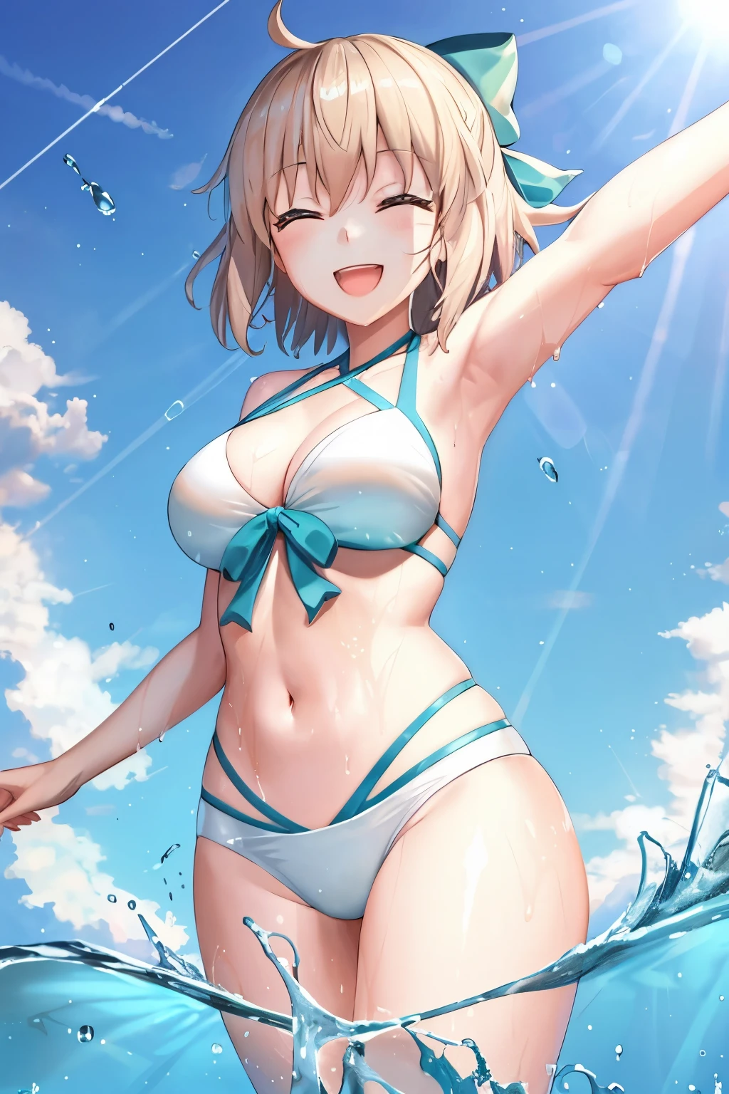 masterpiece, best quality,extremely detailed CG unity 8k wallpaper,
1girl,okita souji \(fate\), swimsuit,bikini,
 smile,open_mouth,dynamic_jumping,sunlight,splash_of_water,happy,closed_eyes,selfie,full_of_energy