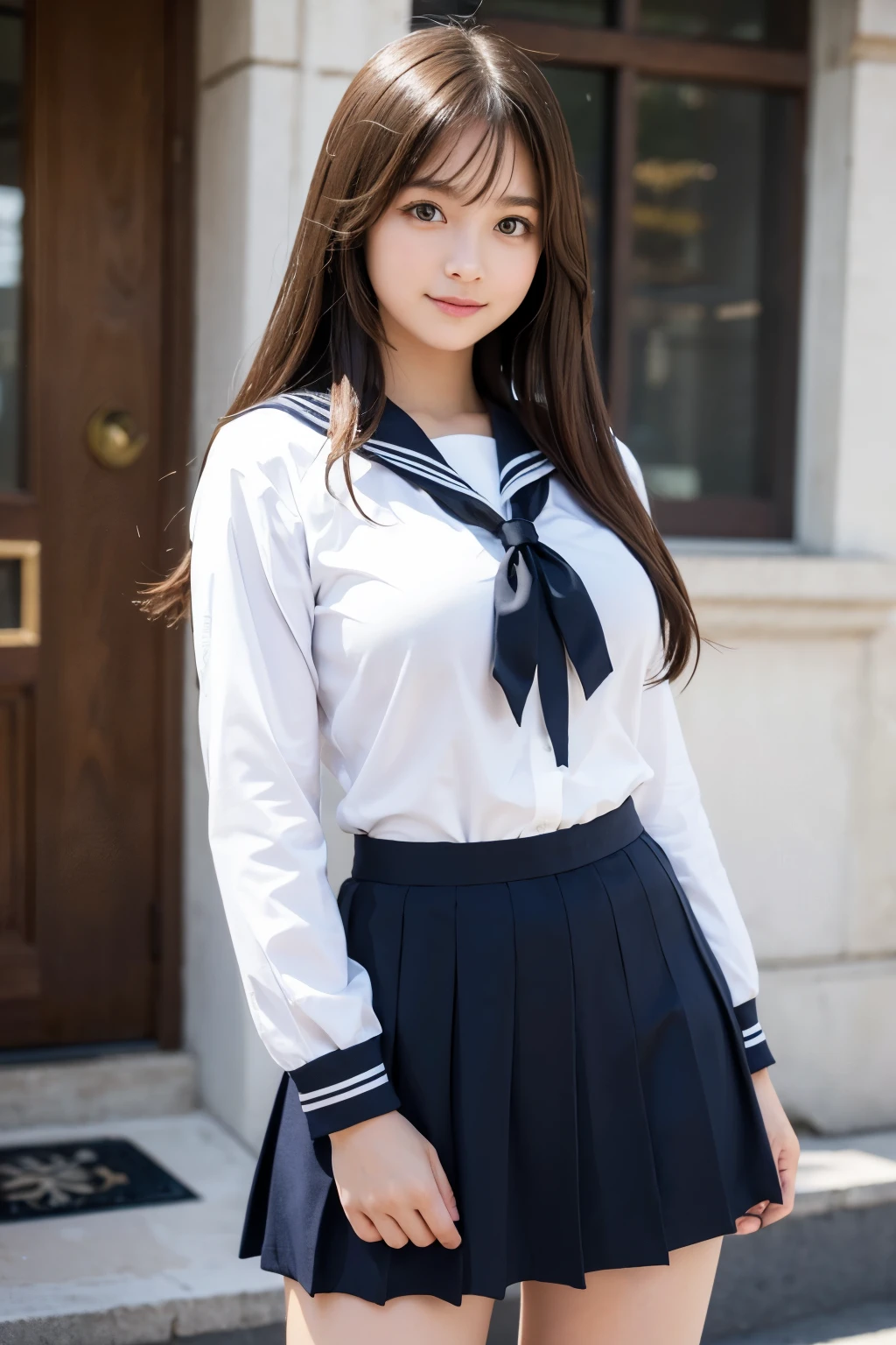 "(Best Quality, 4K, 8K, hight resolution, masutepiece:1.2), Ultra-detailed, Realistic:1.37, short light brown hair, High School Girl, Sailor Uniform, Black School Miniskirt, Super Super Slender Body, Super big breasts, Shy and cute face, Beautiful smile, Lift her skirt to show her underwear(Panchira）"