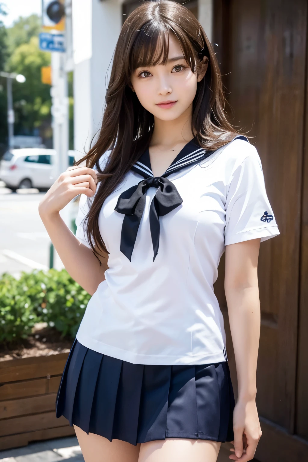 "(Best Quality, 4K, 8K, hight resolution, masutepiece:1.2), Ultra-detailed, Realistic:1.37, short light brown hair, High School Girl, Sailor Uniform, Black School Miniskirt, Super Super Slender Body, Super big breasts, Shy and cute face, Beautiful smile, Lift her skirt to show her underwear(Panchira)"