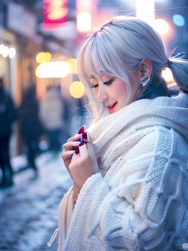 White flower、white clothes、white hair、Beauty、twin tails、official art, unity 8k wallpaper, ultra detailed, beautiful and aesthetic, masterpiece, best quality, (zentangle, mandala, tangle, entangle), (fractal art:1.3) , 1girl, extremely detailed, dynamic angle, cowboyshot, the most beautiful form of chaos, elegant, a brutalist designed, vivid colours, romanticism, , atmospheric, ecstasy of musical notes, streaming musical notes visible、In the city where it snows、The white muffler covers even his mouth.、seems cold、It's sparkling、cute girl、Confident、night、Blurred background、24-years-old