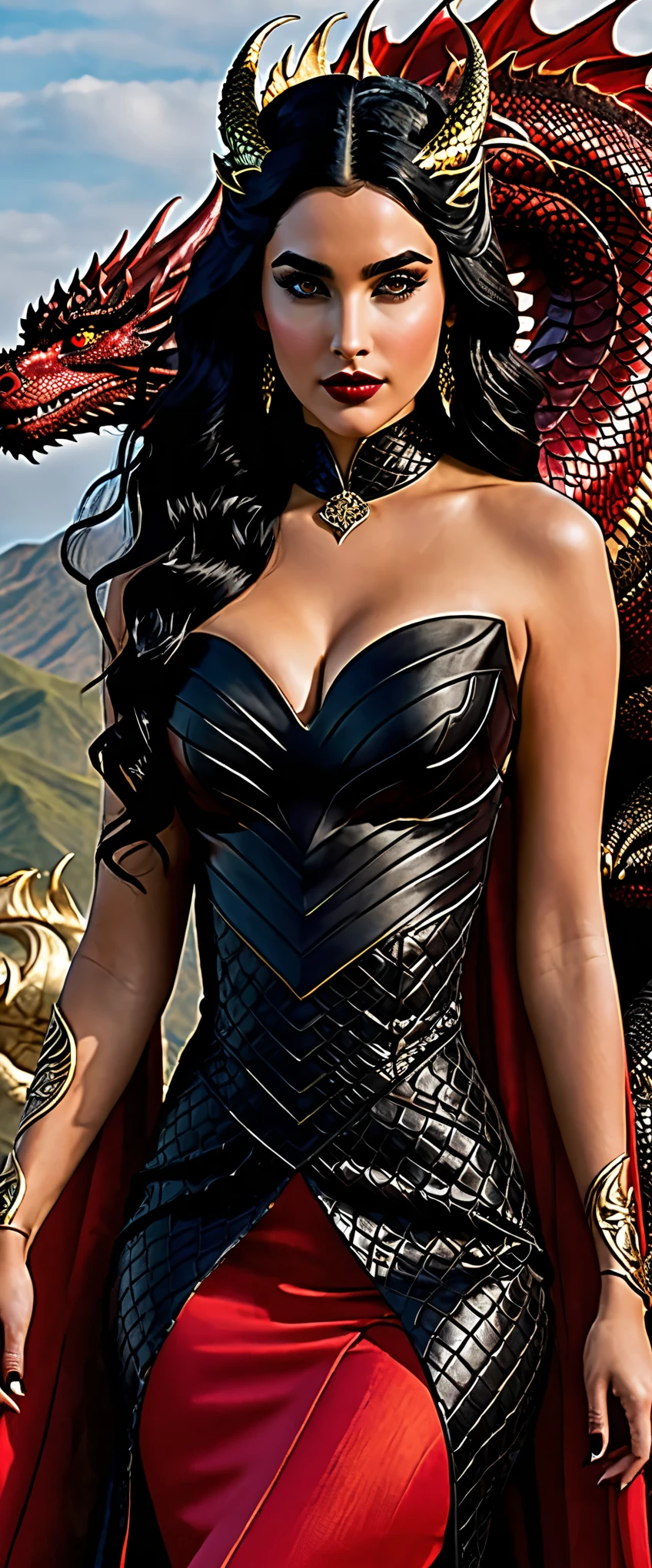 •Create a book cover where we see a Targaryen queen with her huge dragon with bronze scales and golden eyes. (She looks like actress Emeraude Toubia and the dragon is Vermithor).
•She is dressed in an elegant and very sexy red and black dress (Make her dressed like a Targaryen queen).
•She has long, wavy, silky black hair
•Her eyes are violet like a Targaryen's, and are painted with eyeliner.
•She has full lips painted blood red.
•She has long red nails that resemble claws.
•She has full breasts, a slim waist, wide hips, a big, round ass and thick, toned thighs.
•Her beauty is a mix of the Targaryen and Martell family.