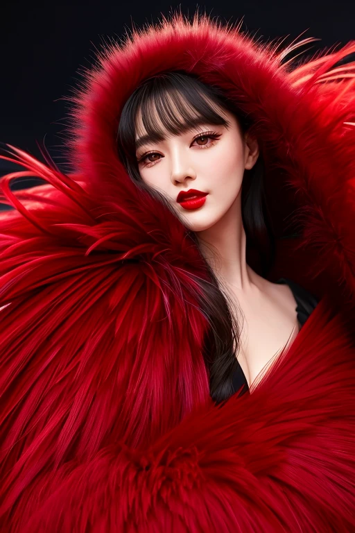 Wear a red coat、A naughty woman with red lipstick and red feathers, wearing Red fur, Red fur, wearing Red fur cloak, High fashion photo shoot, High fashion photography, Rich red colours, Red lighting and film, The art of beautiful fashion photography, Red is the main color, Red dress, closeup Portrait photography, High fashion shoot, Portrait photography, Red dress clothes
