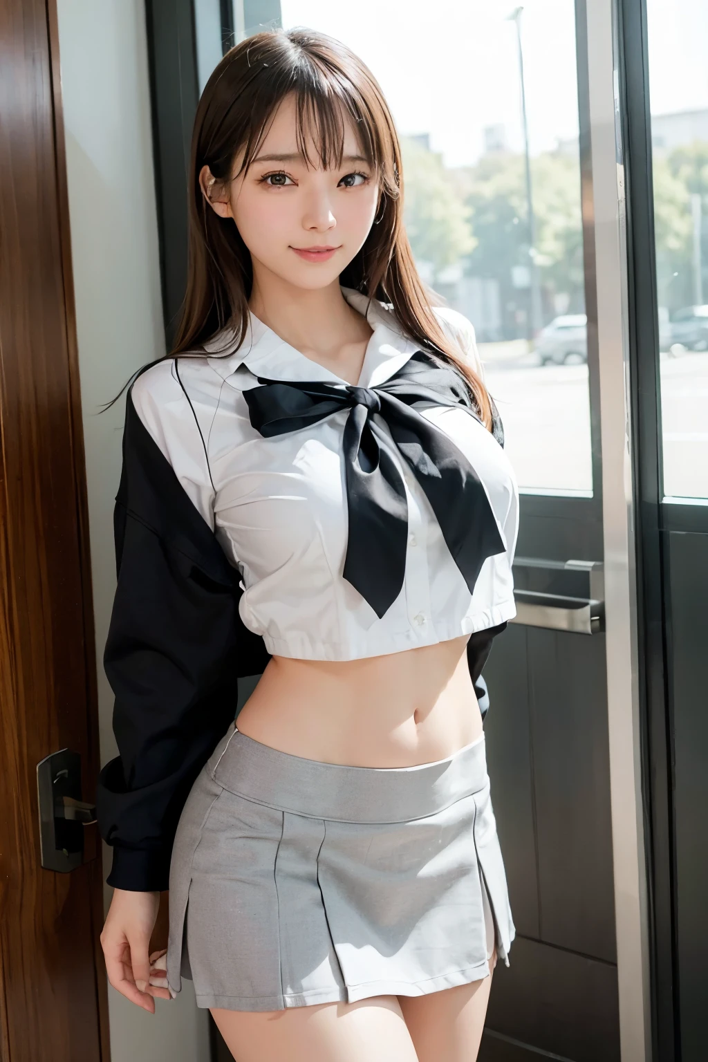 "(Best Quality, 4K, 8K, hight resolution, masutepiece:1.2), Ultra-detailed, Realistic:1.37, short light brown hair, High School Girl, Sailor Uniform, Black School Miniskirt, Super Super Slender Body, Super big breasts, Shy and cute face, Beautiful smile, Lift her skirt to show her underwear(Panchira）"