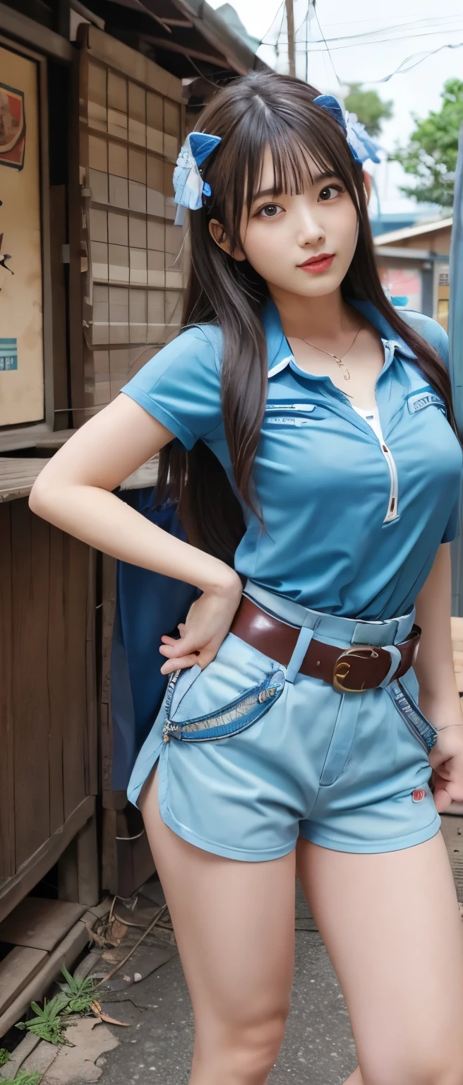 cool hero girl、whole body、good style、、、、、、、、handsome face、、blue shorts costume、lion buckle belt、There&#39;s a big explosion going on behind me.