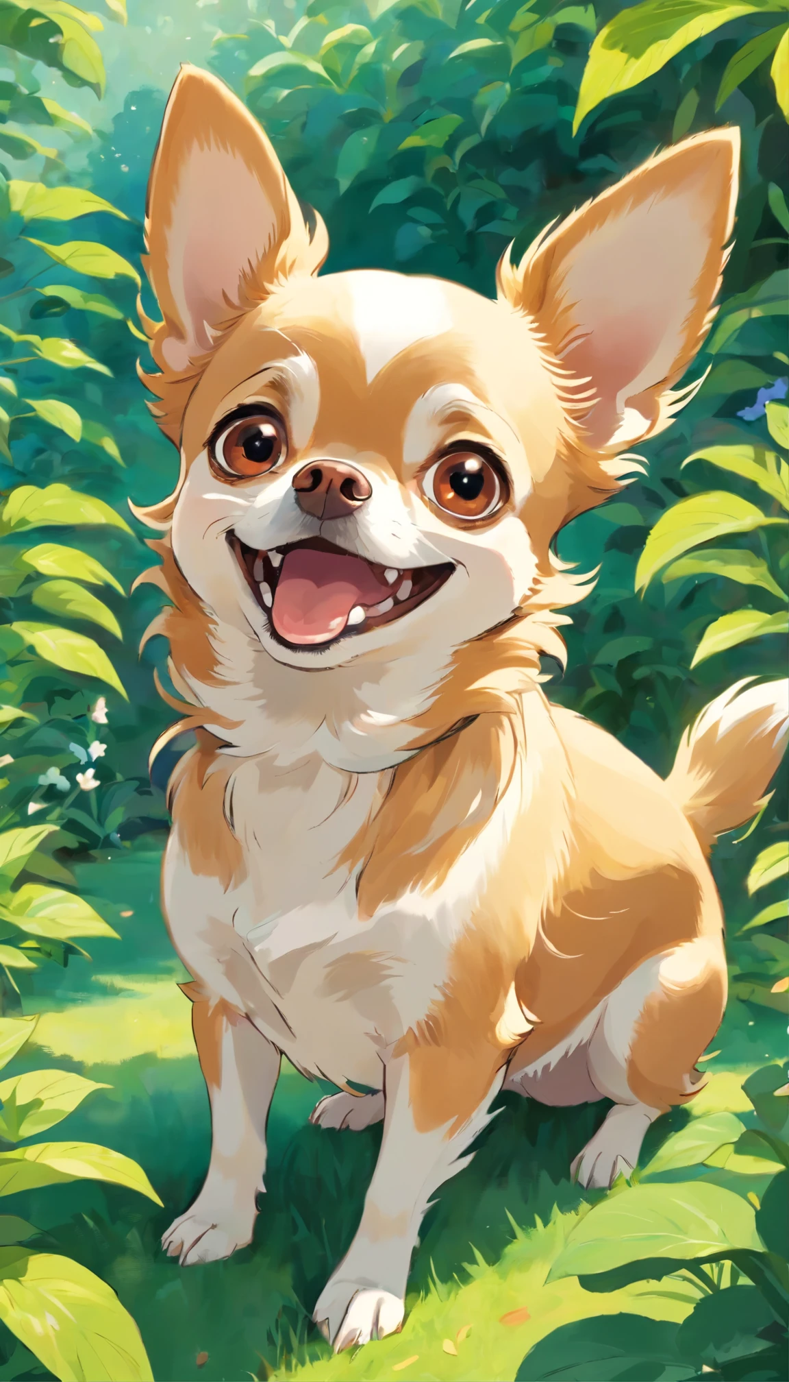 Smiling Chihuahua looking into the camera with a surprised and confused expression, Turn your head to the side and look, in a beautiful garden