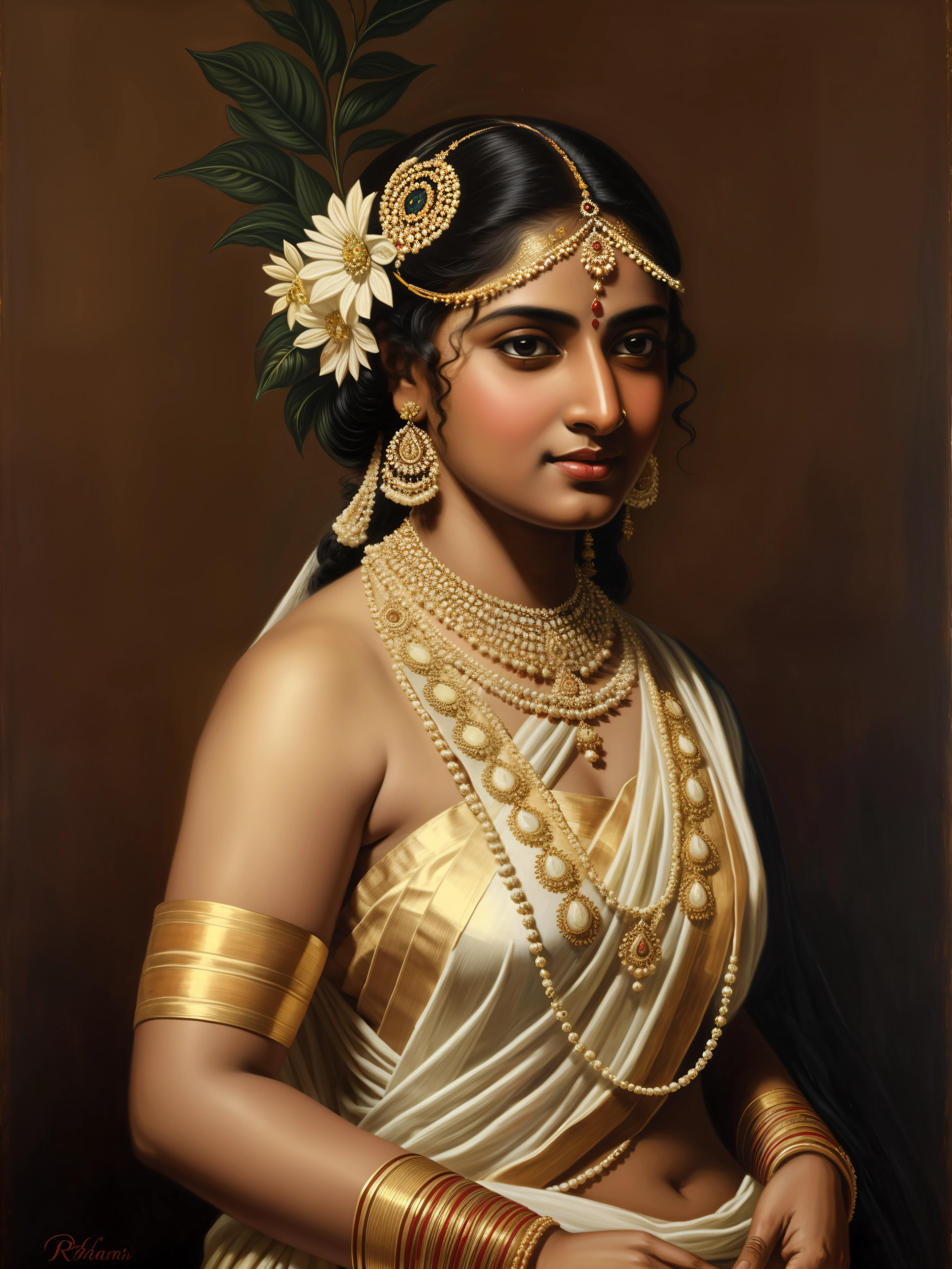 painting of a woman in a white sari with a flower in her hair, inspired by Raja Ravi Varma, portrait of a beautiful goddess, traditional beauty, painting of beautiful, inspired by T. K. Padmini, portrait painting of a princess, a stunning portrait of a goddess, portrait of a goddess, by Raja Ravi Varma, beautiful maiden, indian art