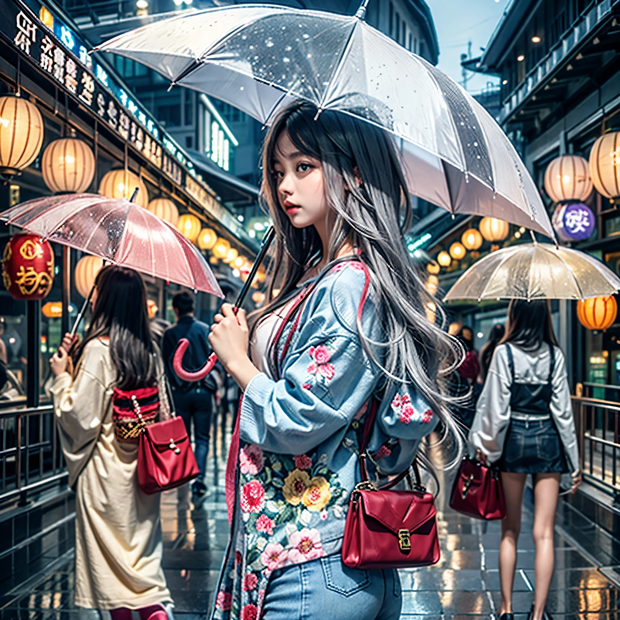 More about the rainy road, The girl hit the head of the umbrella, In his other hand he holds an umbrella, Blue Denim Leggings, Masterpiece Superb Night Moon(Master Piece) night moon(Full Moon) 1 Women, Sisters of Japan, Cold face showing silvery-white long-haired woman, Light pink lips, Calm and intelligent, Three Bands, lantern, lantern, Flower bulbs, Background, Spectacle strolling through the city, long hair shawl,
