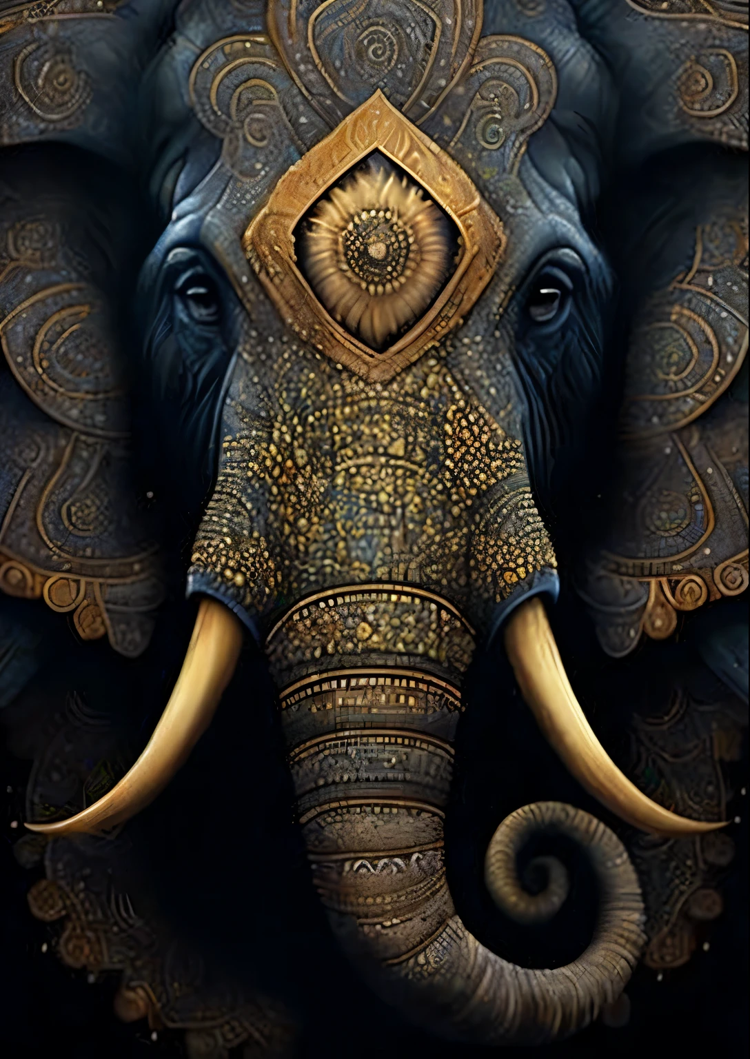 Close-up of elephant,There are gorgeous patterns on the face, extremely complex, by Kerembeyit, Very detailed and hypnotic, very complicated, Thomas Wellat Intricate, by Kyle Lambert, very complicated art, Artwork by Alessandro Portasso, extremely complex, Highly complex, Stunning and rich in detail, high detail art, Extremely detailed and complex, super complex