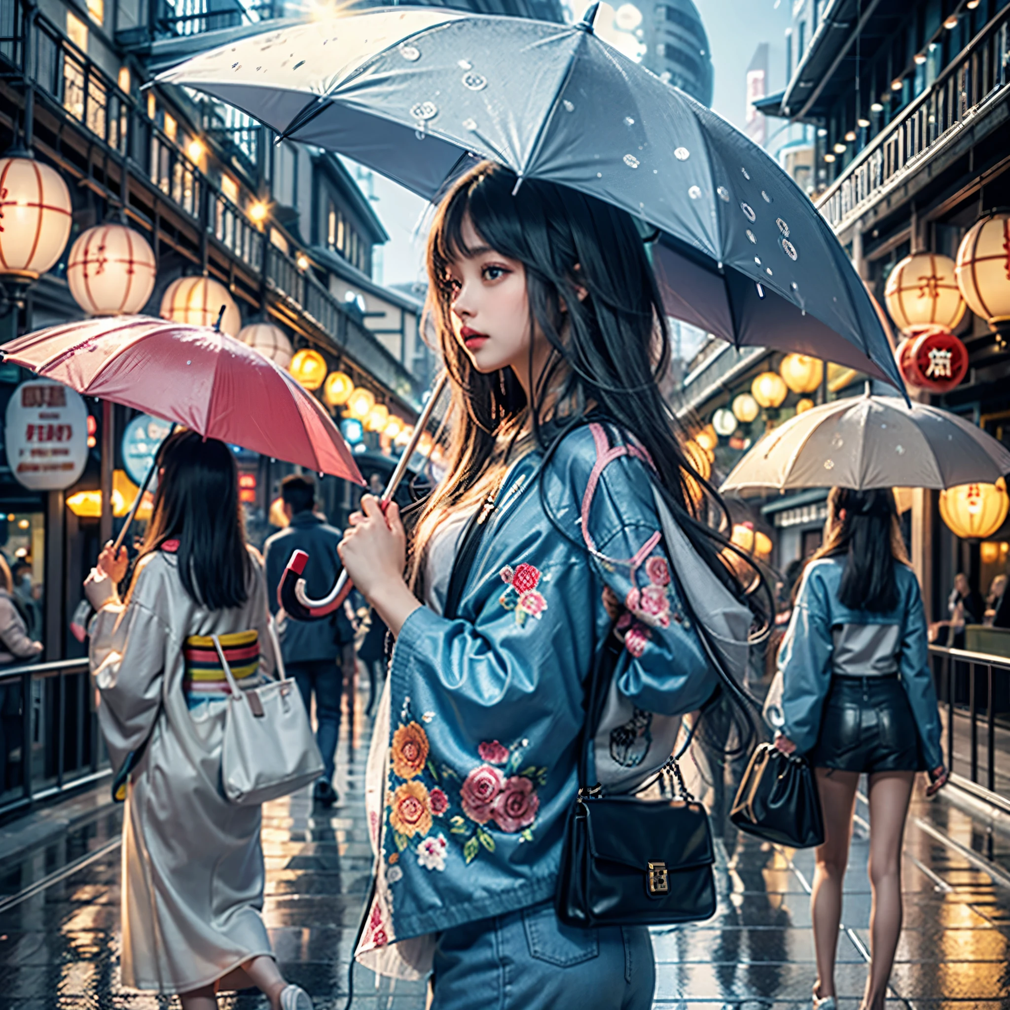 More about the rainy road, The girl hit the head of the umbrella, In his other hand he holds an umbrella, Blue Denim Leggings, Masterpiece Superb Night Moon(Master Piece) night moon(Full Moon) 1 Women, Sisters of Japan, Cold face showing silvery-white long-haired woman, Light pink lips, Calm and intelligent, Three Bands, lantern, lantern, Flower bulbs, Background, Spectacle strolling through the city, long hair shawl,