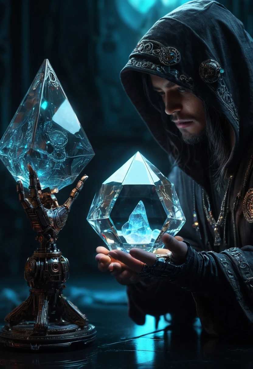 futuristic setting, sci-fi hooded robot fortune teller, gazing into a Luminous crystal trisoctahedron, glowing crystal, (best quality, masterpiece, perfect composition, very aesthetic, ultra-detailed, intricate details:1.3)
